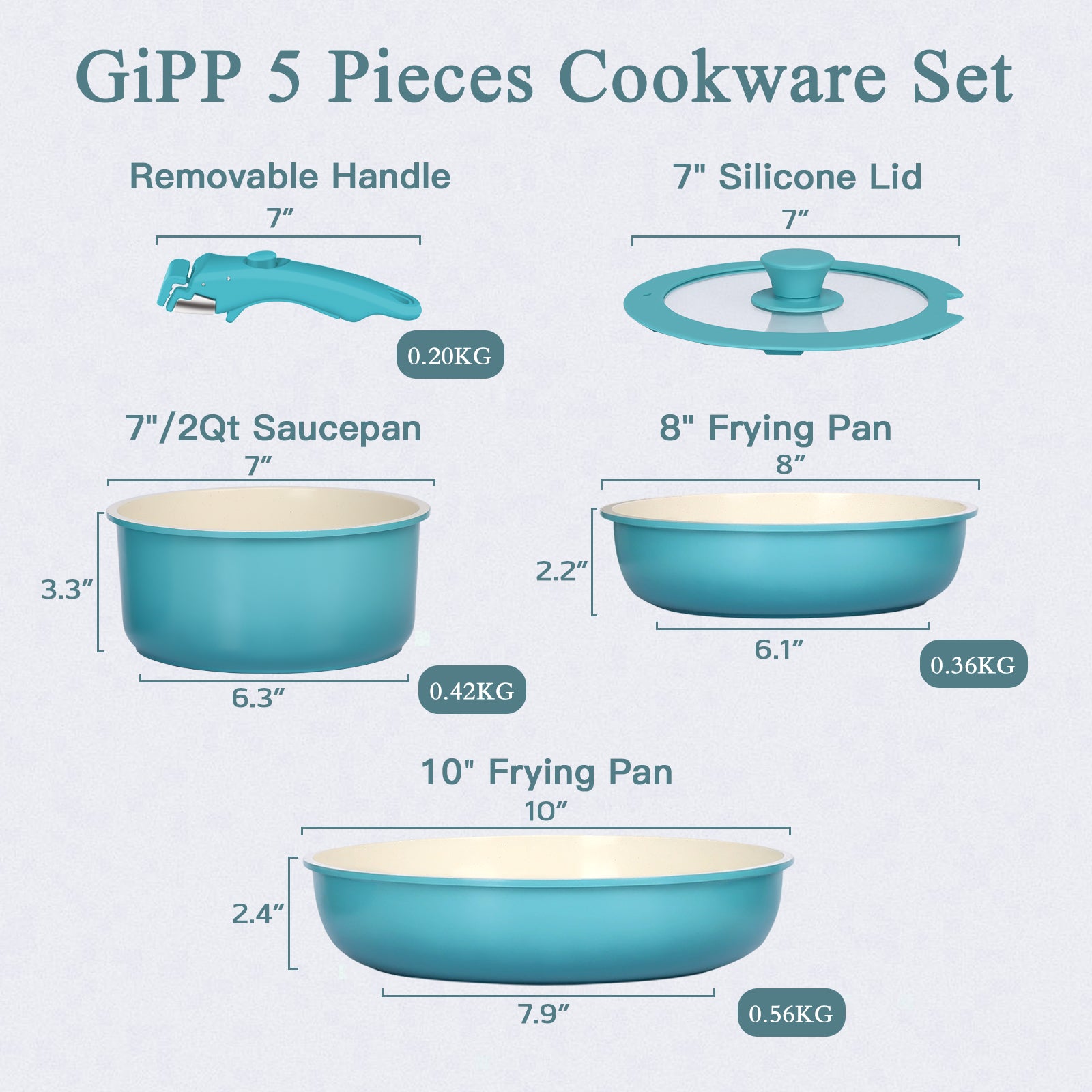 GIPP 5pcs Ceramic Pots and Pans Set Non Stick,Cookware Sets with Removable Handle, Oven & Dishwasher Safe,Induction Cookware,Kitchen Cooking set