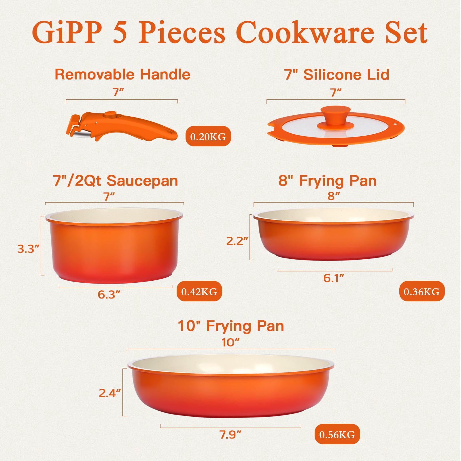 GIPP 5pcs Ceramic Pots and Pans Set Non Stick,Cookware Sets with Removable Handle, Oven & Dishwasher Safe,Induction Cookware,Kitchen Cooking set