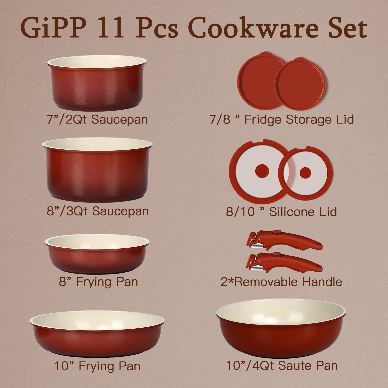 GIPP 11pcs Ceramic Cookware Sets, Pots and Pans Set Non Stick with Removable Handle, Oven & Dishwasher Safe,Induction Cookware, Kitchen Cooking Set for RV Trips and Camping