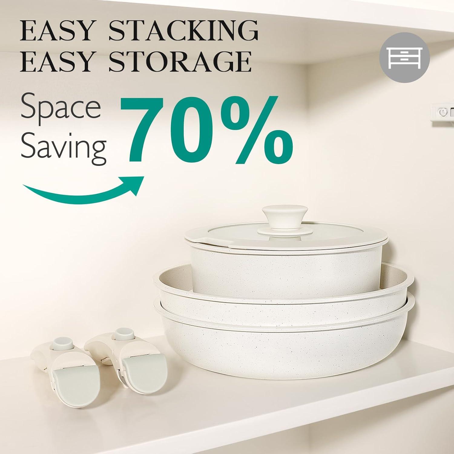 GiPP 5pcs Detachable Handle Pots and Pan Set, Nonstick Induction Cookware, Removable Handle, RV Oven Safe Cookware, Cream White - GiPP Kitchenware