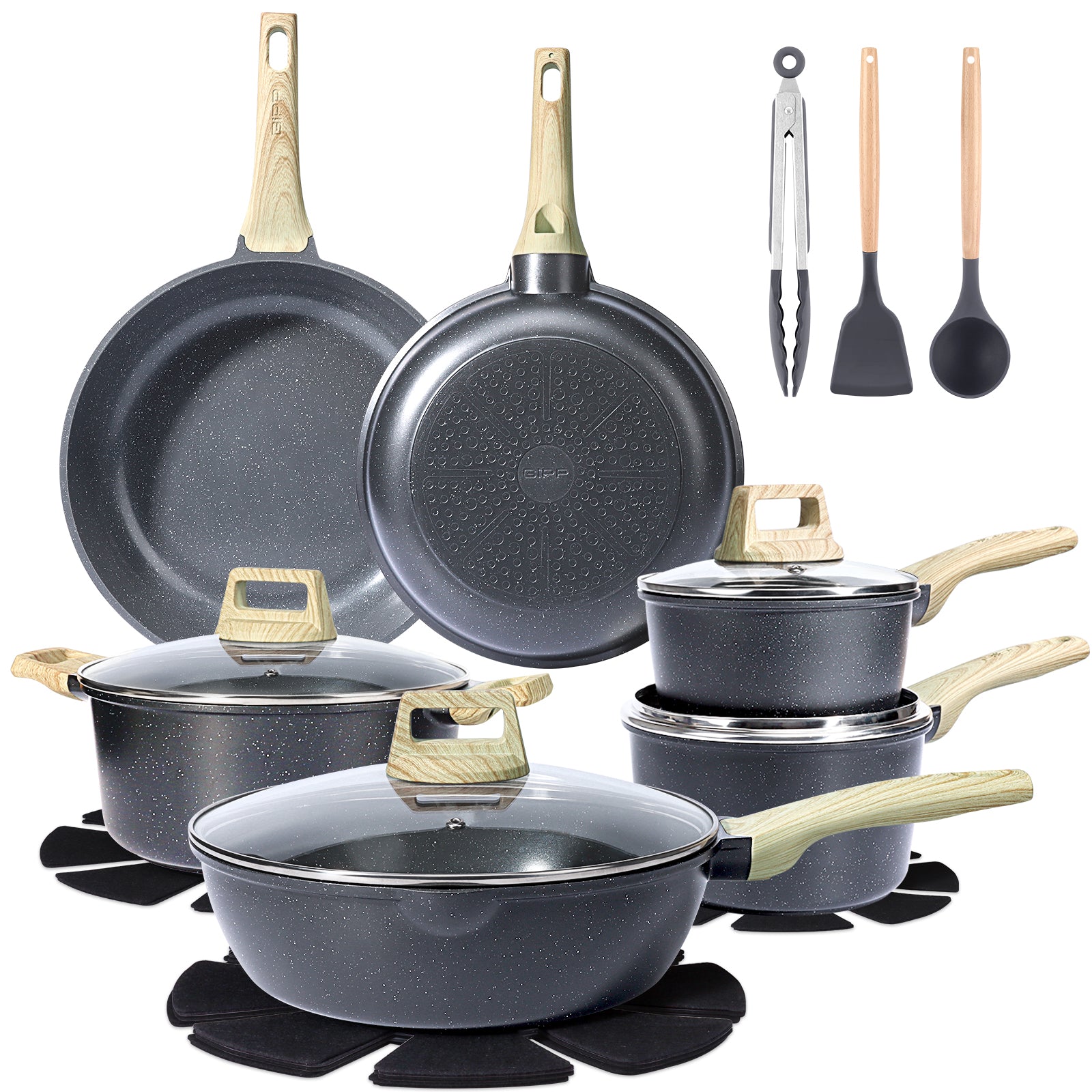 GiPP 21Pcs Nonstick Pots and Pans Set, Grey Granite, PFOS-Free