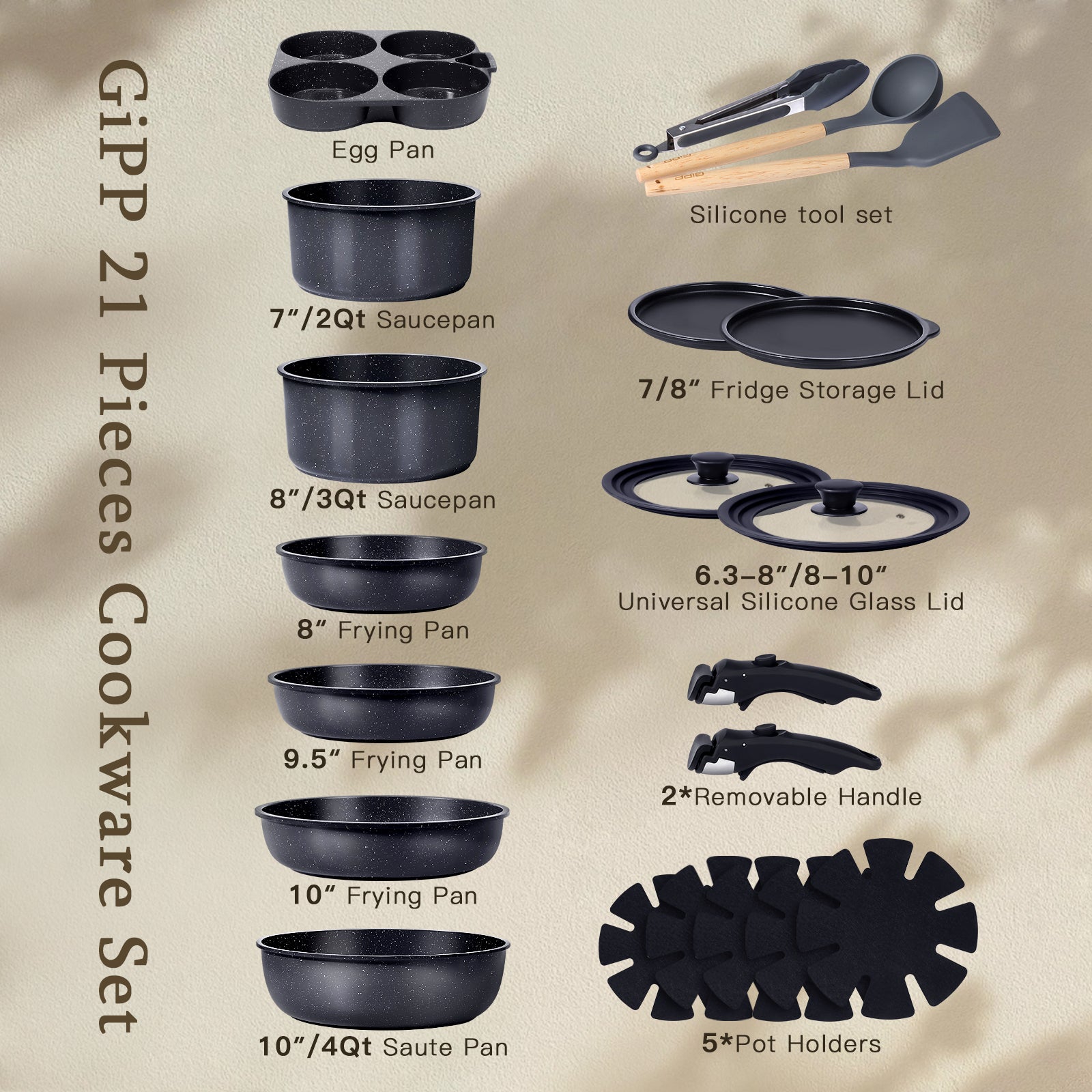 GIPP 21 Piece Ceramic Pots and Pans Set Non Stick, Cookware Set with Detachable Handles, Safe for Ovens and Dishwashers,Induction Cookers RV Kitchen