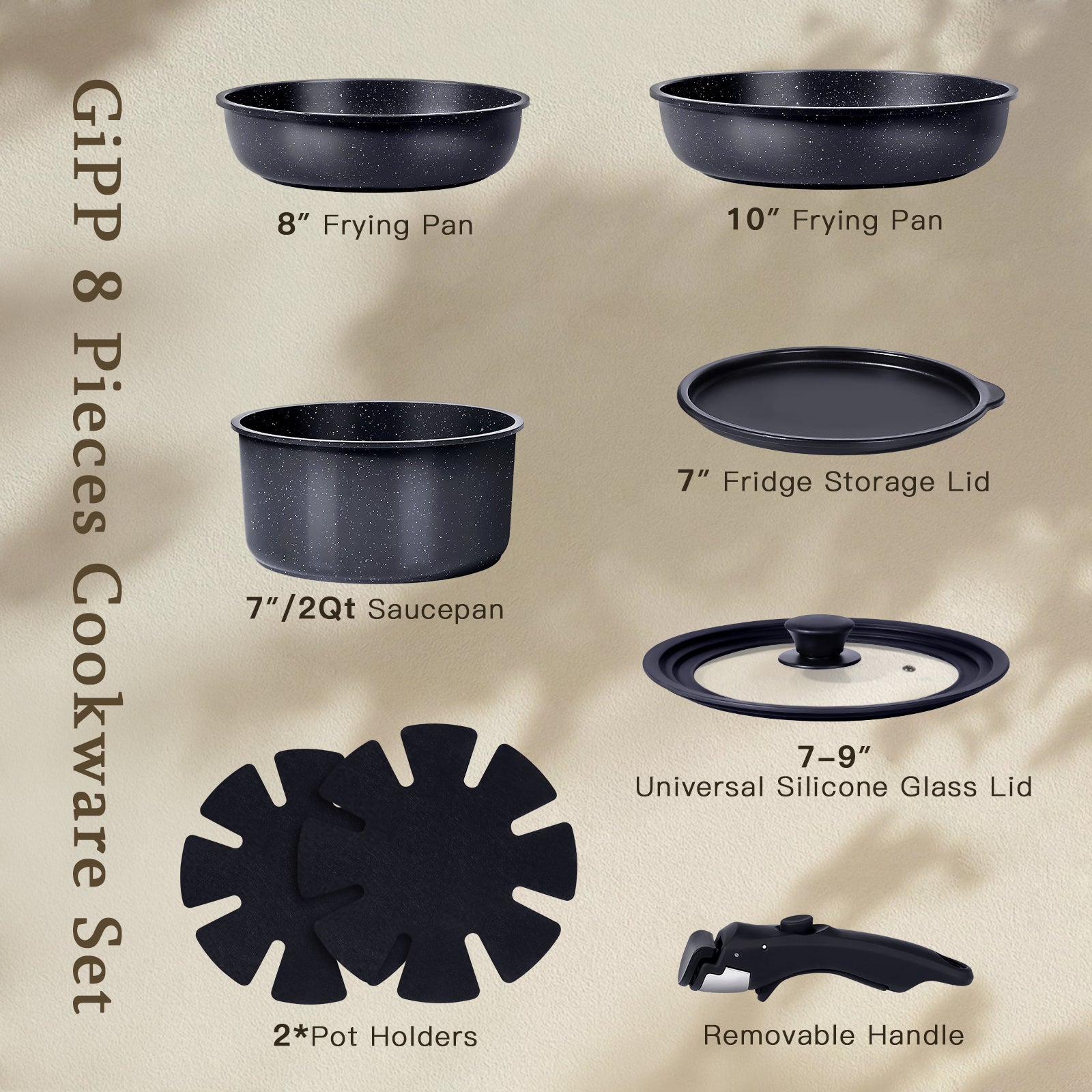 GIPP 8pcs Cookware Sets with Removable Handle, Ceramic Cookware Sets Oven & Dishwasher Safe,Pots and Pans Set Non Stick,Induction Cookware,Kitchen Cooking set