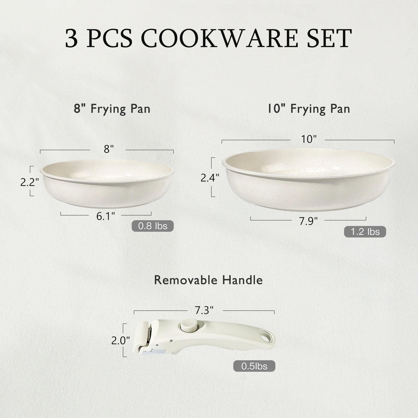 GiPP Juego de 3 ollas y sartenes con mango desmontable, utensilios de cocina de inducción antiadherentes, mango extraíble, utensilios de cocina aptos para horno RV, color blanco crema...