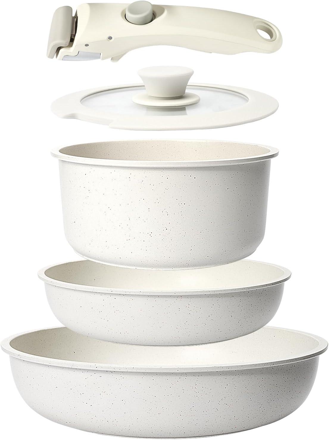 GiPP 5pcs Detachable Handle Pots and Pan Set, Nonstick Induction Cookware, Removable Handle, RV Oven Safe Cookware, Cream White - GiPP Kitchenware