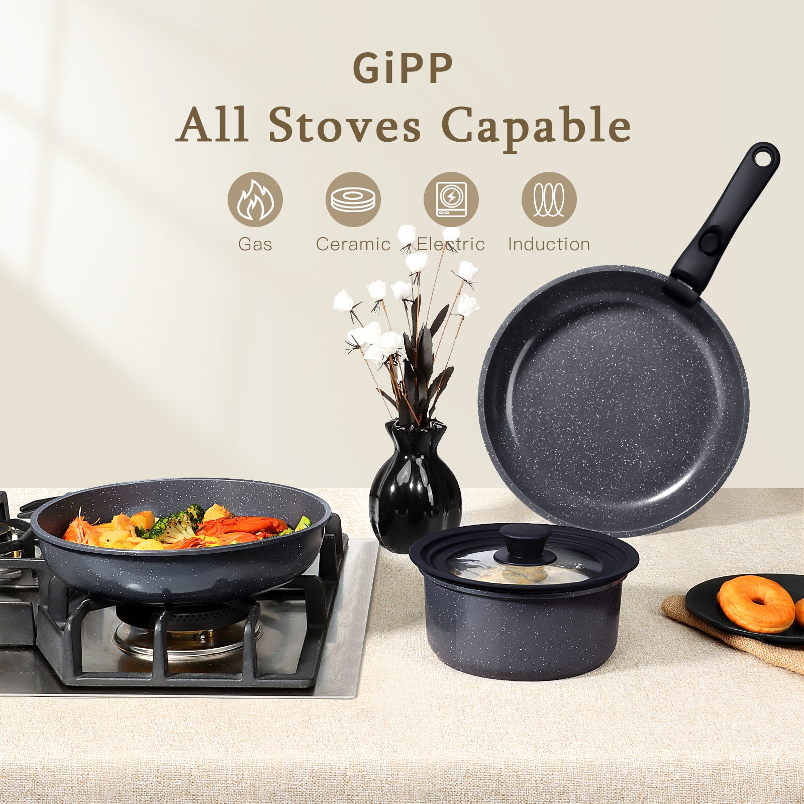 GIPP 21 Piece Ceramic Pots and Pans Set Non Stick, Cookware Set with Detachable Handles, Safe for Ovens and Dishwashers,Induction Cookers RV Kitchen