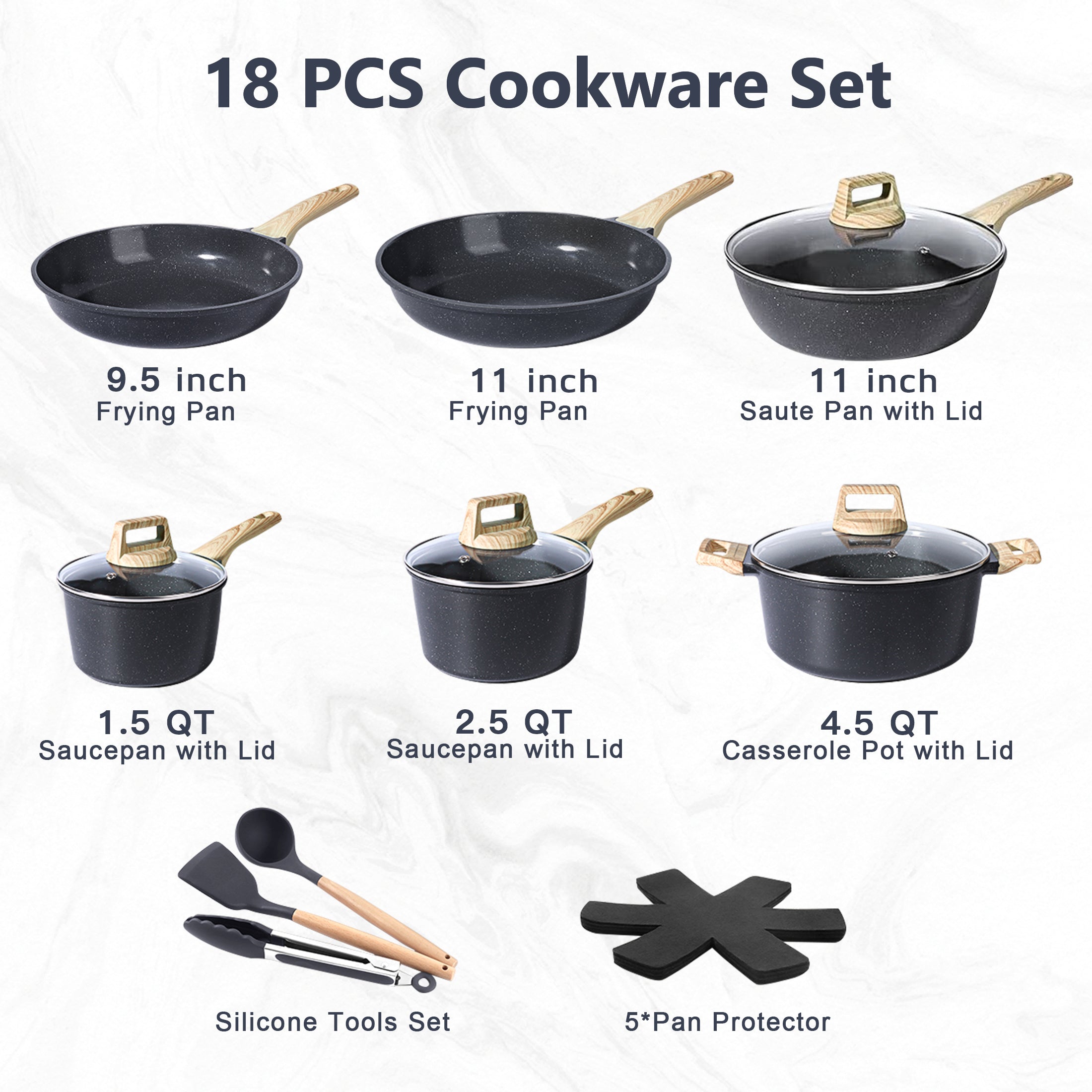 GIPP 18 Piece Kitchen Ceramic Cookware Sets with 11inch Frying Pan,Pots and Pans Set Non stick ,Dishwasher Safe Induction Compatible, Kitchen Cooking Set