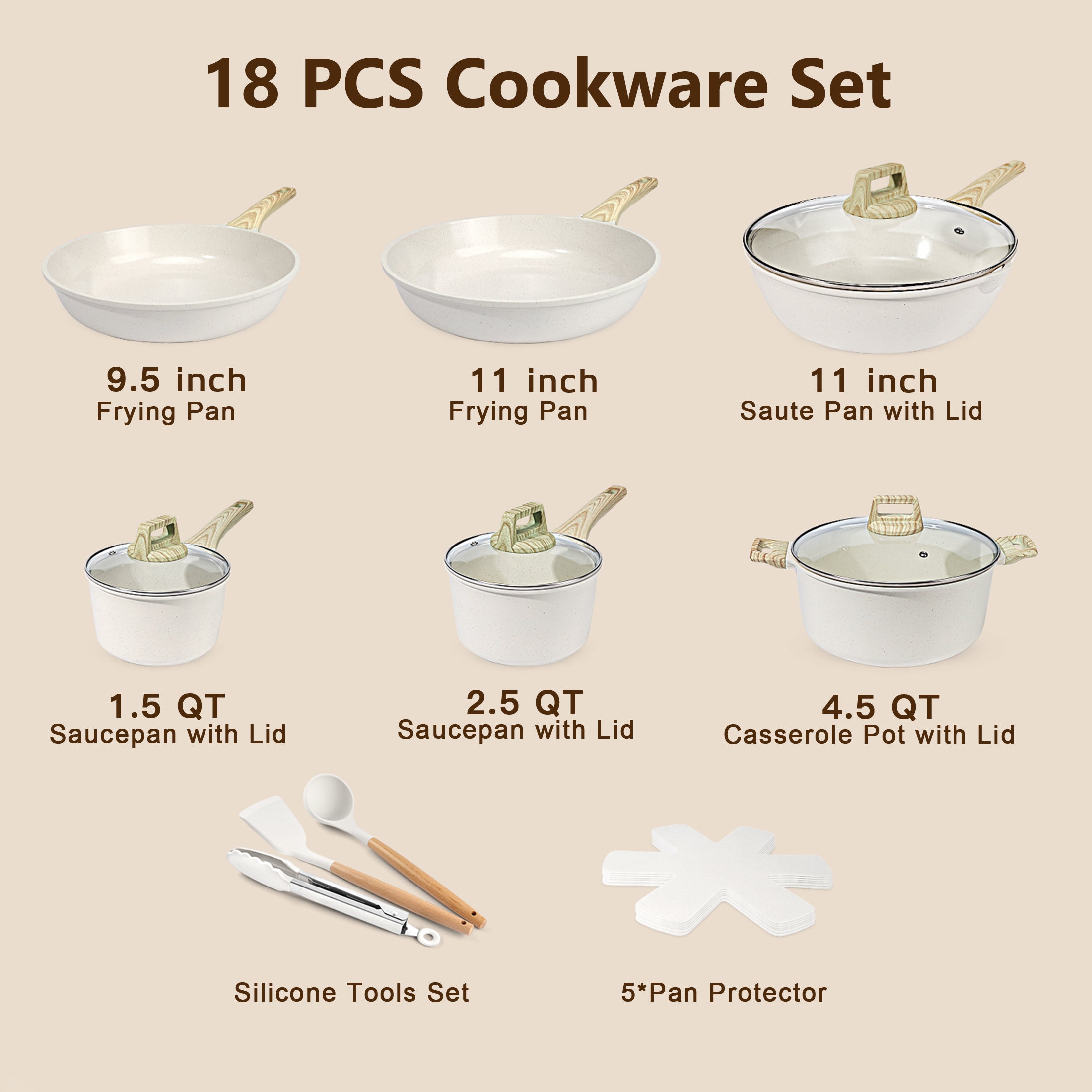 GIPP 18 Piece Kitchen Ceramic Cookware Sets with 11inch Frying Pan,Pots and Pans Set Non stick ,Dishwasher Safe Induction Compatible, Kitchen Cooking Set