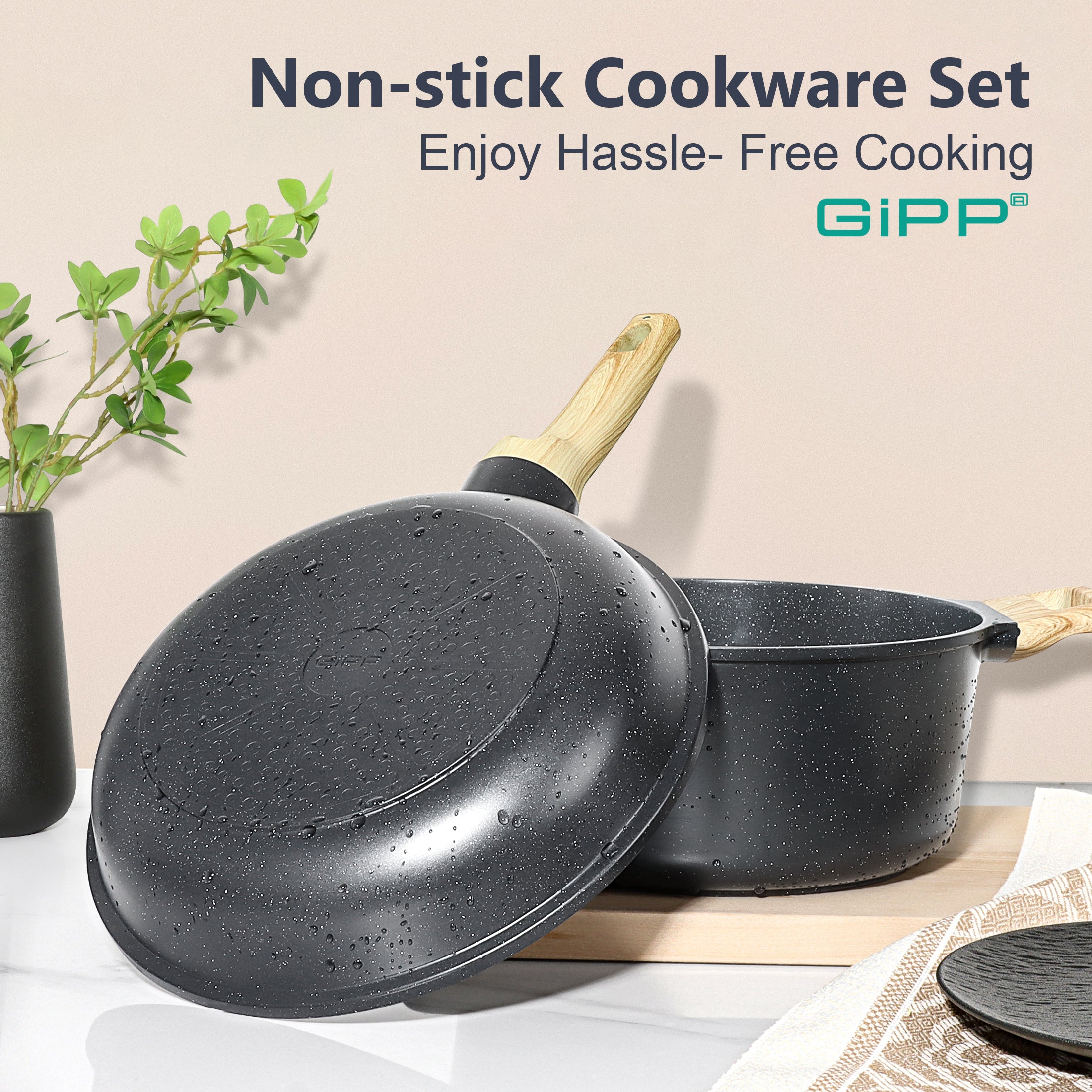 GIPP 18 Piece Kitchen Ceramic Cookware Sets,Pots and Pans Set Non stick ,Dishwasher Safe Induction Compatible, Kitchen Cooking Set