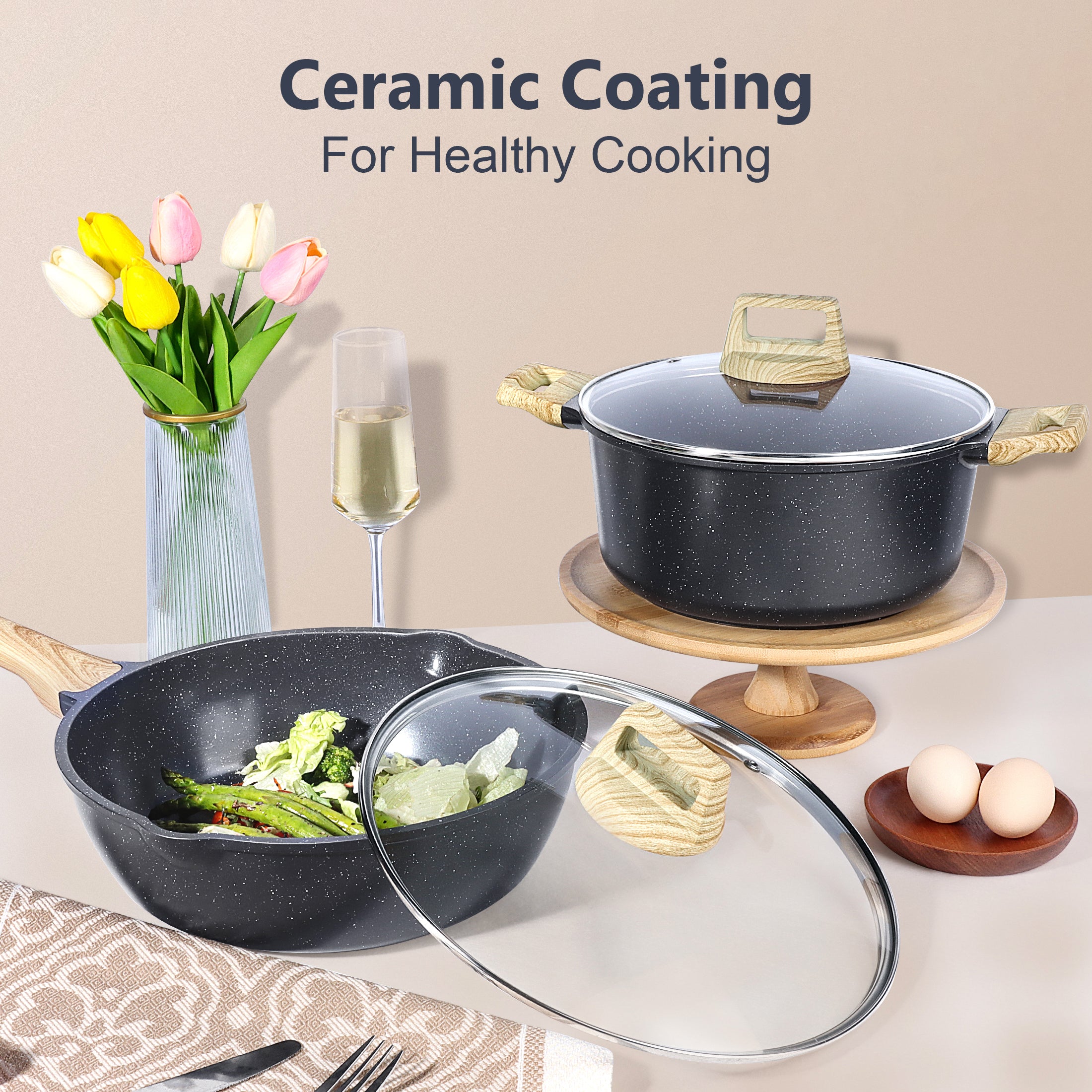 GIPP 18 Piece Kitchen Ceramic Cookware Sets,Pots and Pans Set Non stick ,Dishwasher Safe Induction Compatible, Kitchen Cooking Set