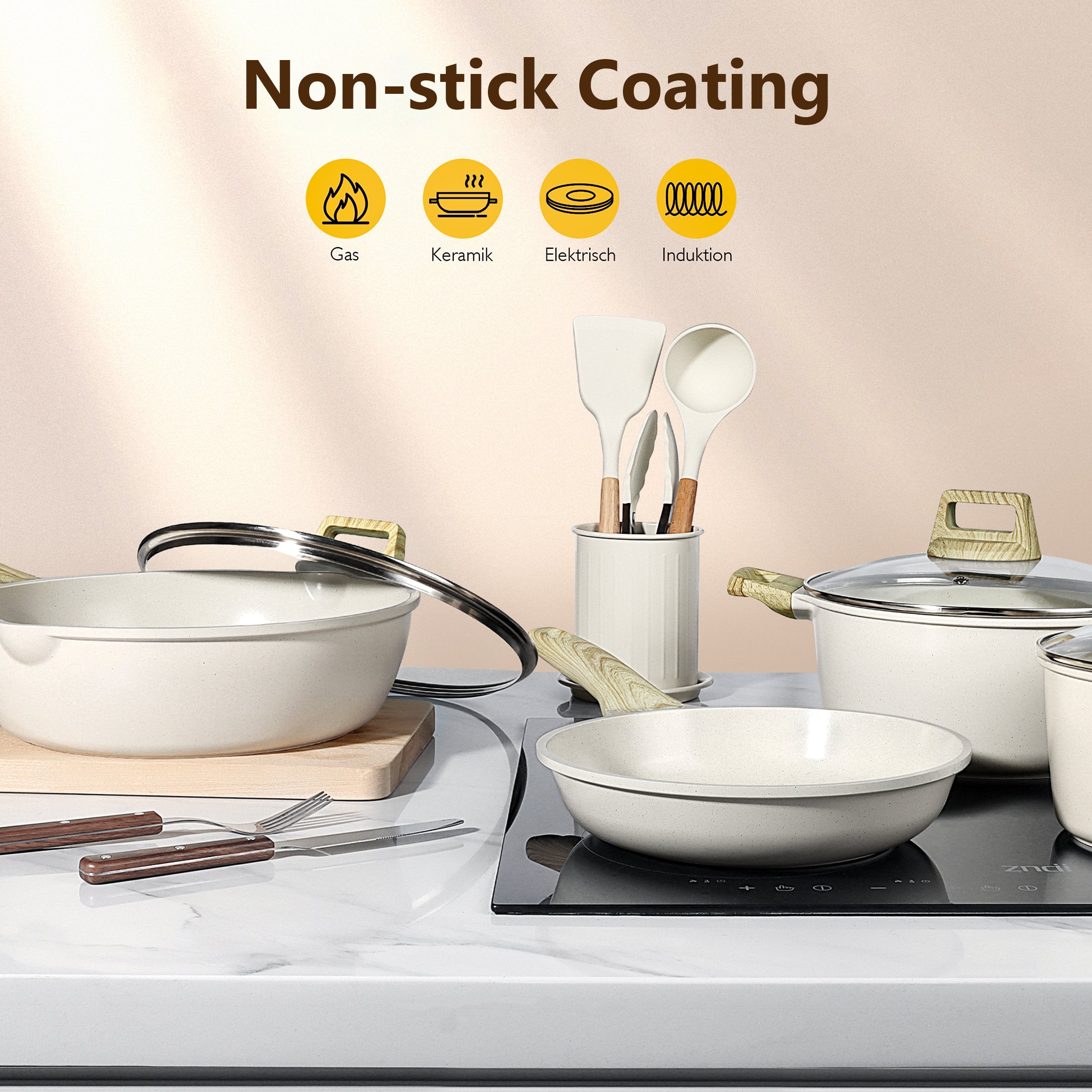 GIPP 18 Piece Kitchen Ceramic Cookware Sets,Pots and Pans Set Non stick ,Dishwasher Safe Induction Compatible, Kitchen Cooking Set