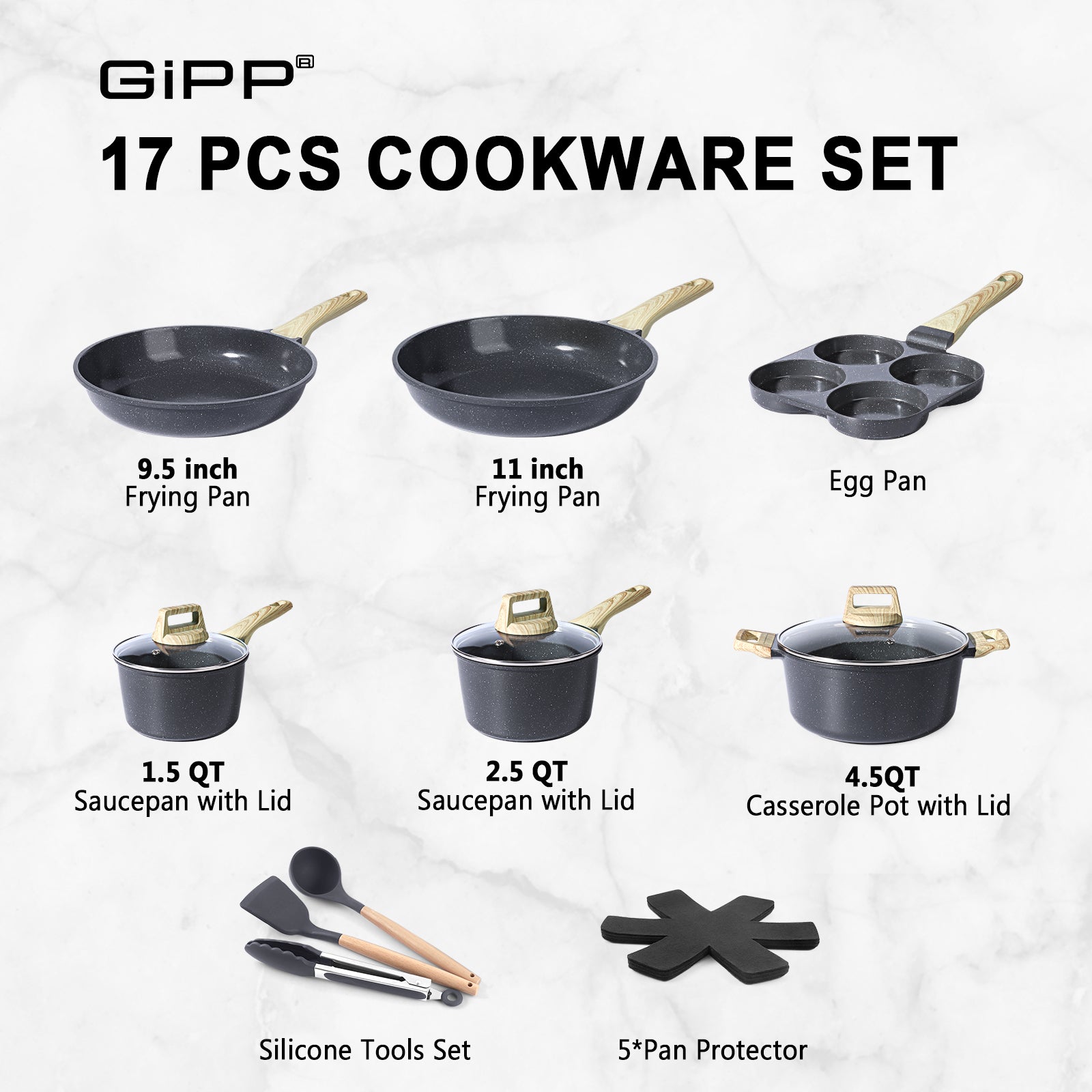 GIPP 17 Piece Kitchen Ceramic Cookware Sets,Pots and Pans Set Non stick ,Dishwasher Safe Induction Cookware, Kitchen Cooking Set for RV Trips