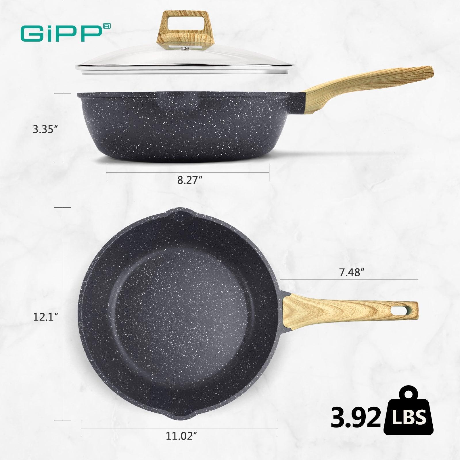 GiPP Nonstick Deep Frying Pan - 11 Inch Saute Pan with Lid Granite Induction Cookware, 4.5Qt Non Stick Working Pan Skillet, PFOA PFOS APEO Free, White - GiPP Kitchenware