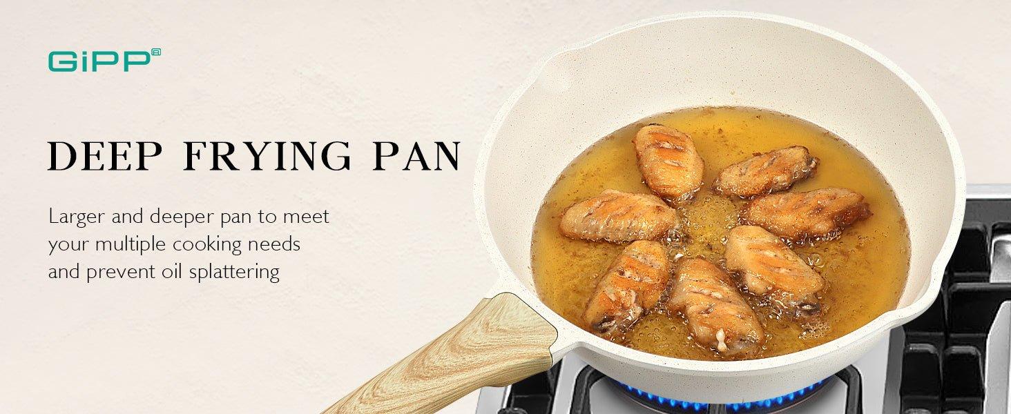 GiPP Nonstick Deep Frying Pan - 11 Inch Saute Pan with Lid Granite Induction Cookware, 4.5Qt Non Stick Working Pan Skillet, PFOA PFOS APEO Free, White - GiPP Kitchenware