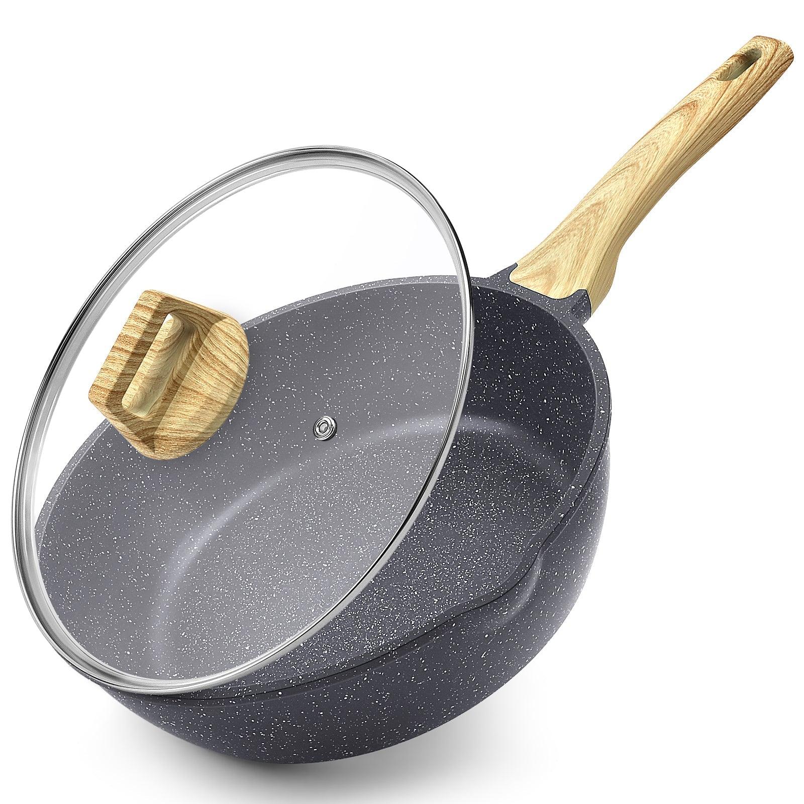 GiPP Nonstick Deep Frying Pan - 11 Inch Saute Pan with Lid Granite Induction Cookware, 4.5Qt Non Stick Working Pan Skillet, PFOA PFOS APEO Free, White - GiPP Kitchenware