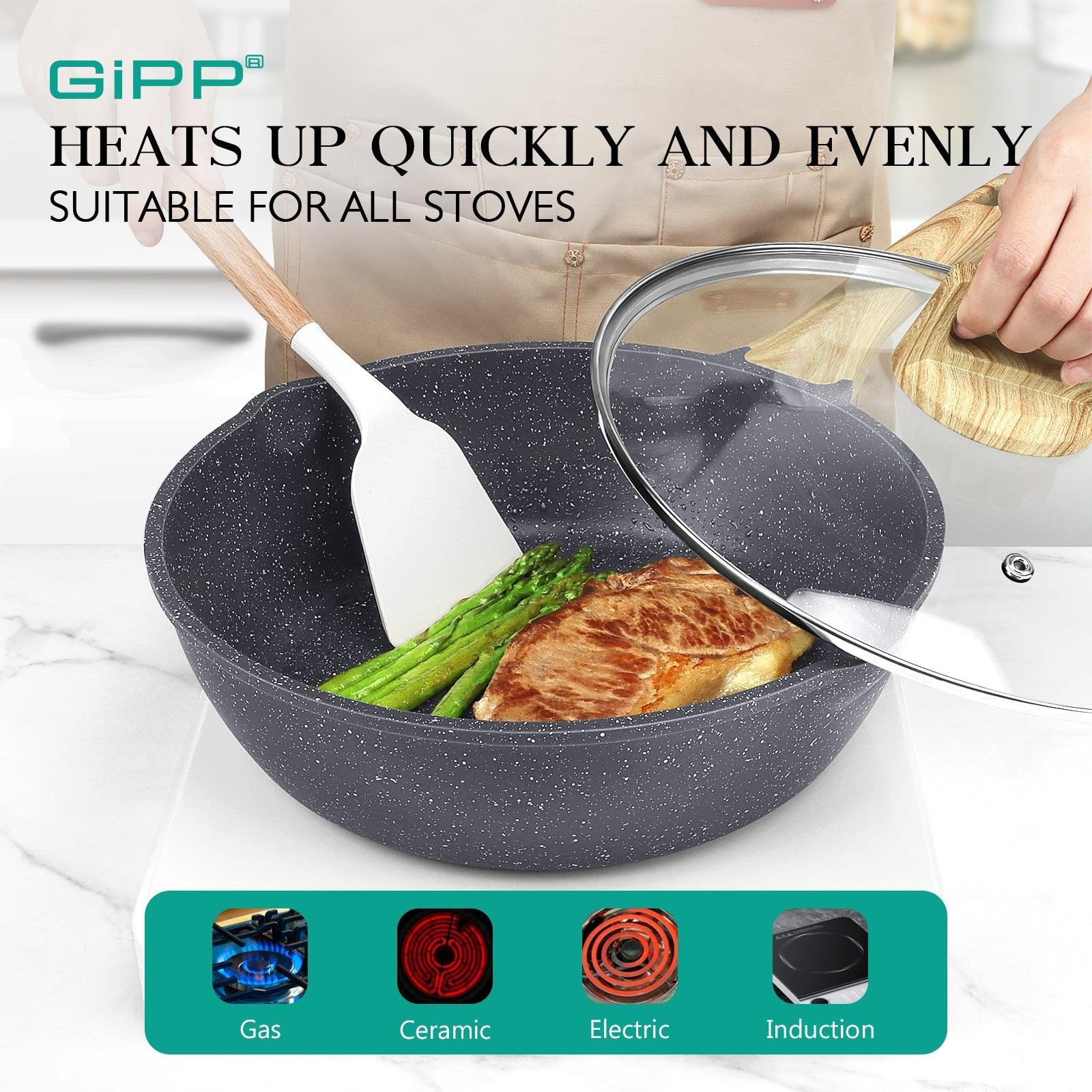 GiPP Nonstick Deep Frying Pan - 11 Inch Saute Pan with Lid Granite Induction Cookware, 4.5Qt Non Stick Working Pan Skillet, PFOA PFOS APEO Free, White - GiPP Kitchenware