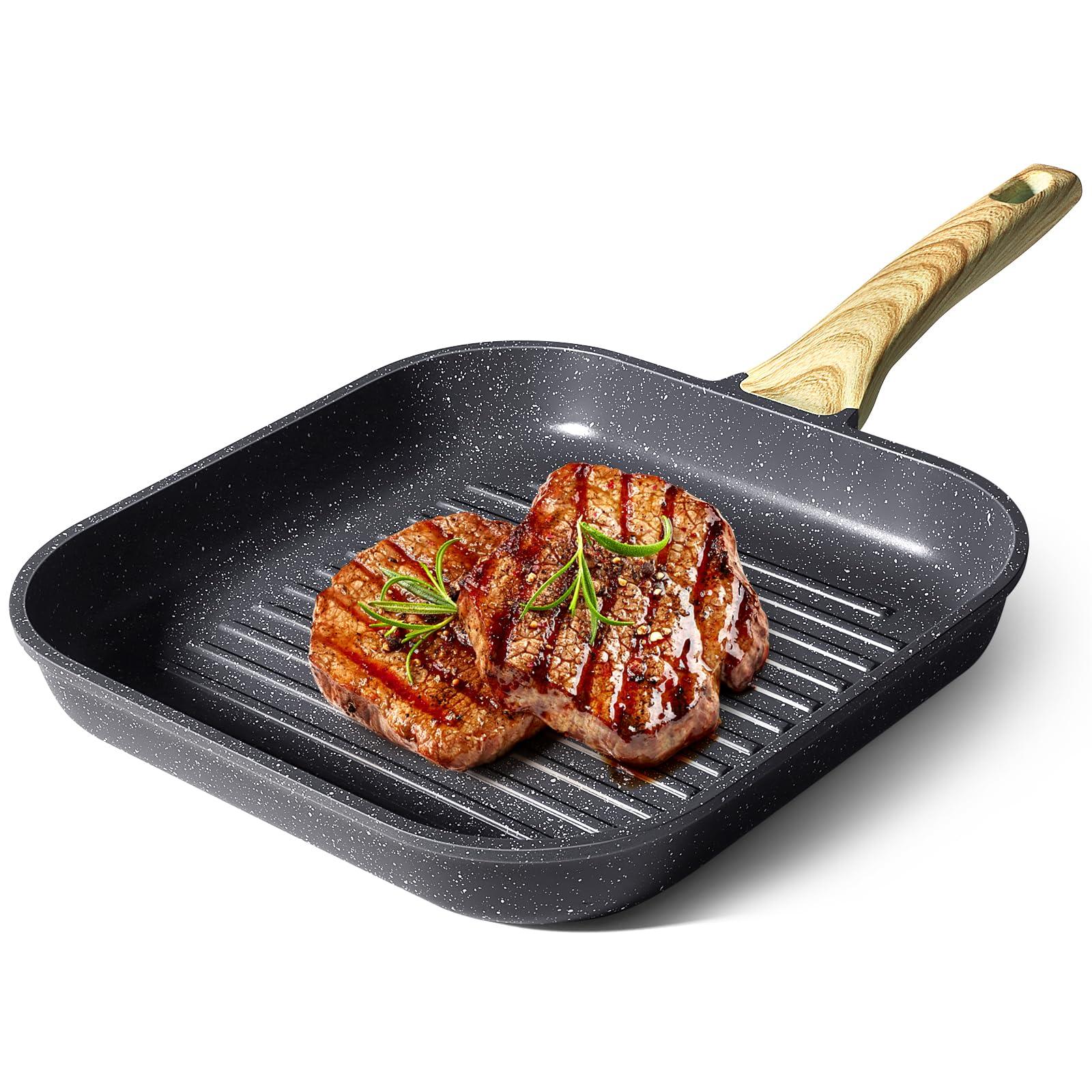 GiPP Nonstick Grill Pan for Stove Tops - 11 Inch Square Grilling Pan for Indoor Cooking & Outdoor Grilling, Non Stick Granite Grill Skillet Steak Pan, PFOA Free, Grey - GiPP Kitchenware