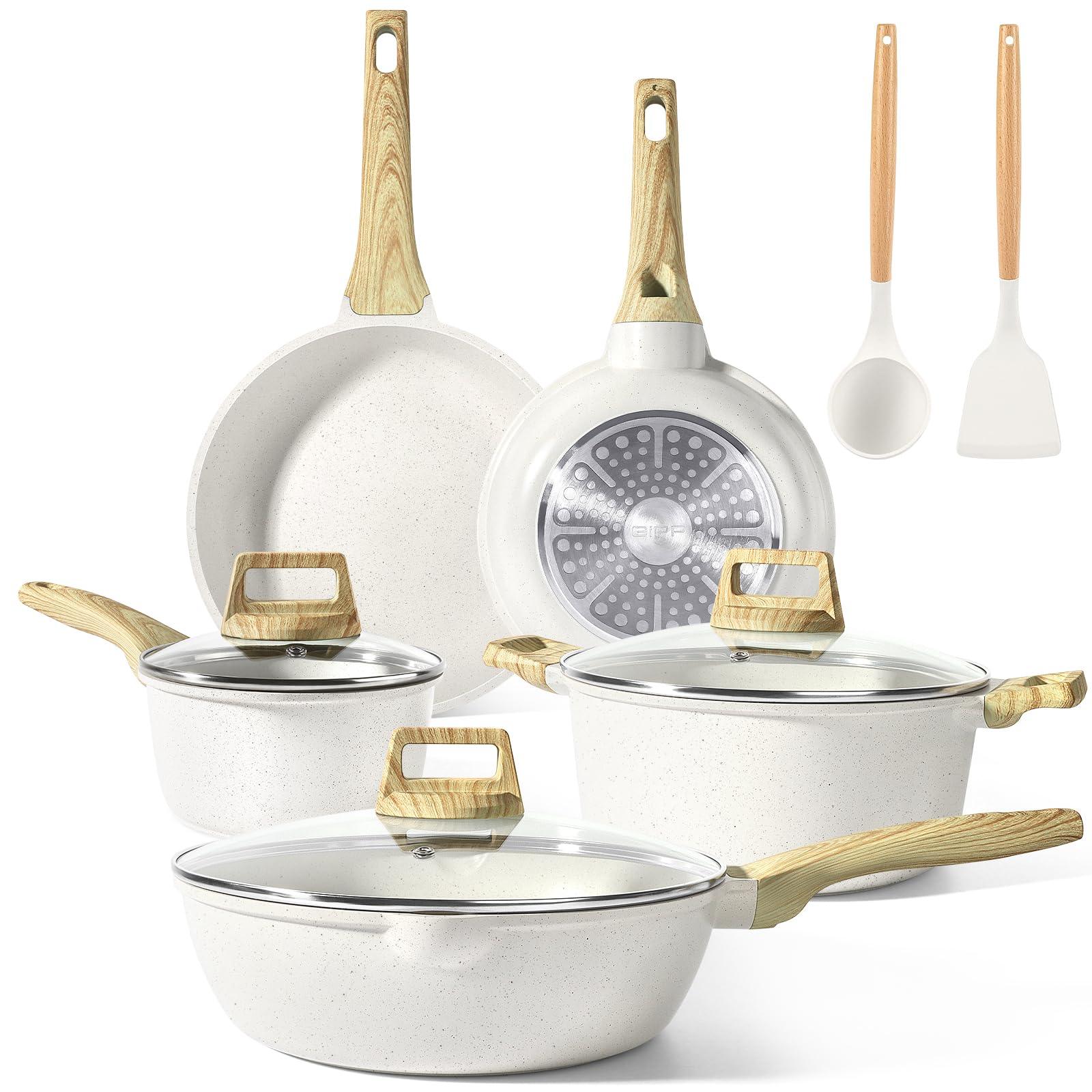 GiPP Pots and Pans Set Non Stick - 10 Pcs White Granite Kitchen Cookware Sets Nonstick Induction Cookware Cooking Pan Set with Frying Pans, Saucepans and Silicone Utensils, PFOS & PFOA Free - GiPP Kitchenware