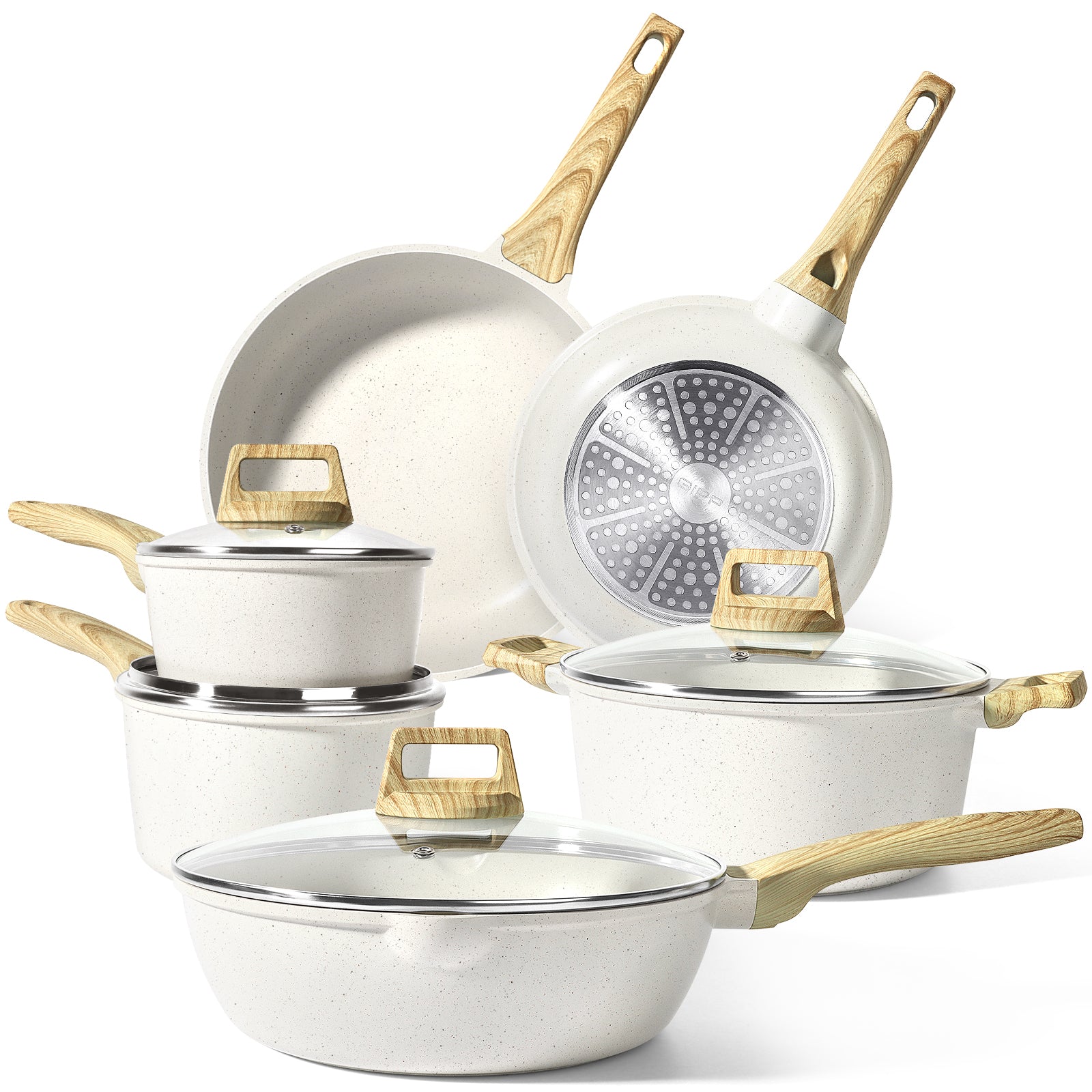 GiPP Juego de ollas y sartenes antiadherentes - 10 piezas de utensilios de cocina de granito blanco Juego de utensilios de cocina de inducción antiadherentes con sartenes, cacerolas y utensilios de silicona, sin PFOS ni PFOA 