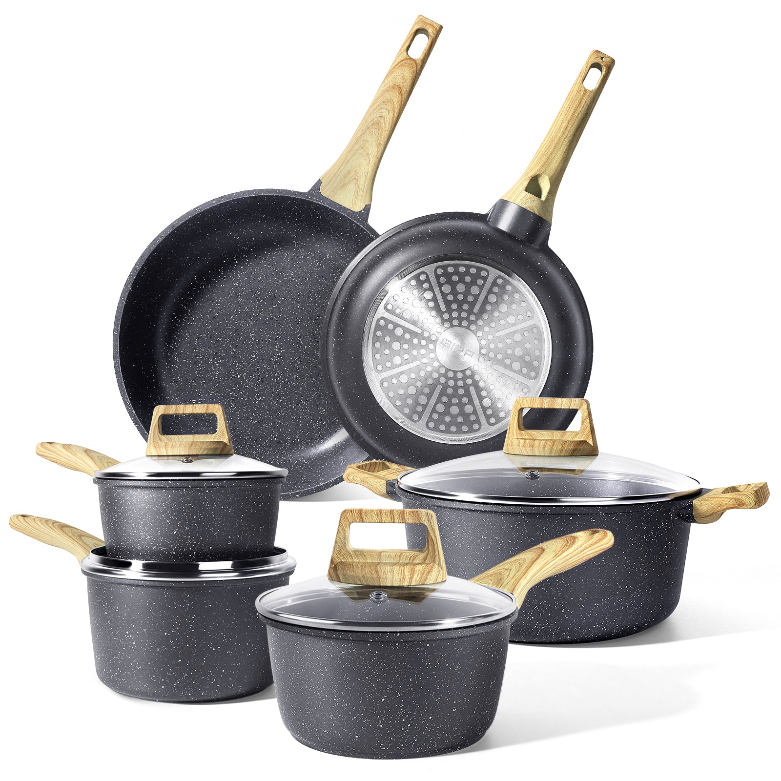 GiPP Juego de ollas y sartenes antiadherentes - 10 piezas de utensilios de cocina de granito blanco Juego de utensilios de cocina de inducción antiadherentes con sartenes, cacerolas y utensilios de silicona, sin PFOS ni PFOA 