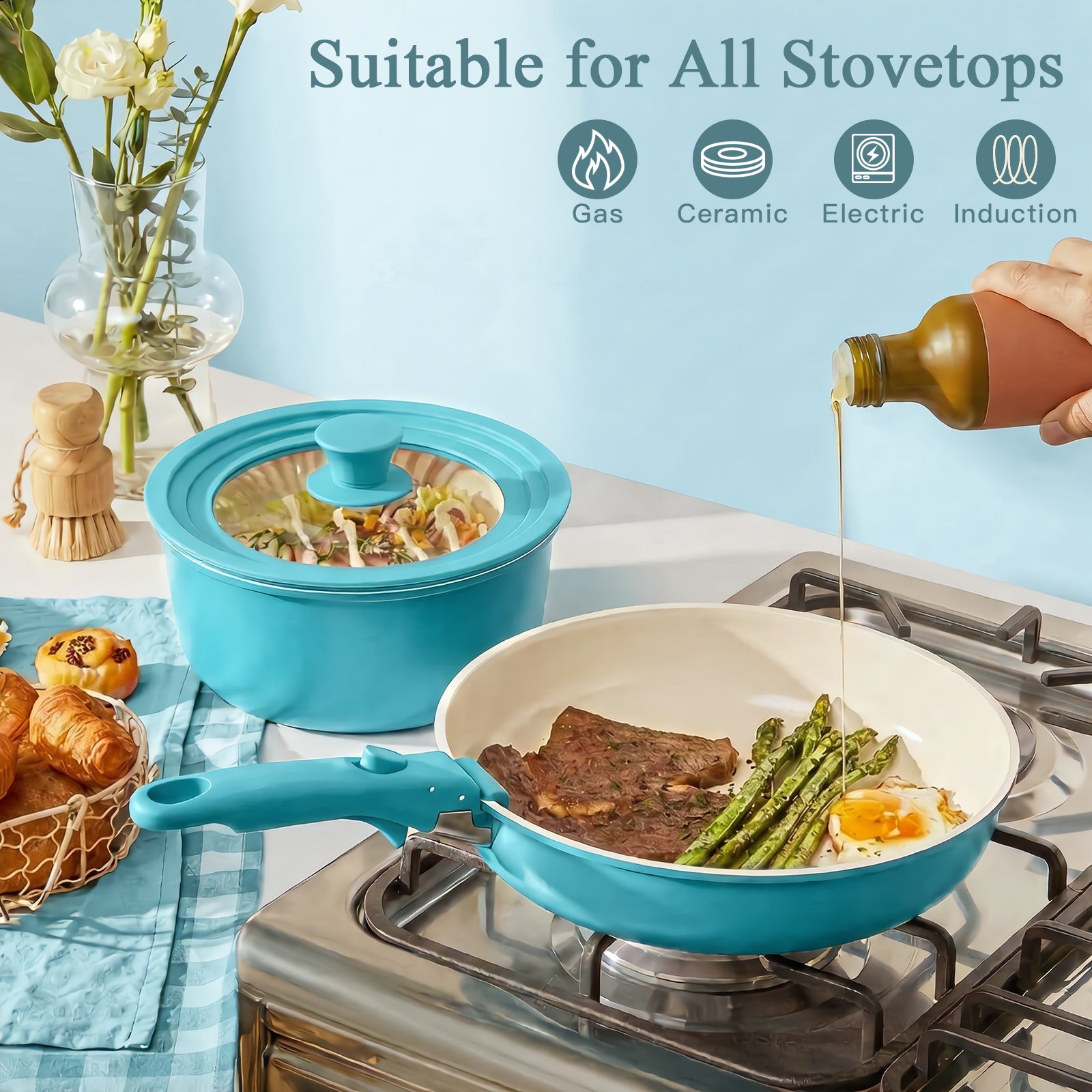 GIPP Large Size 21 Piece Pots and Pans Set Non Stick,with 12 inch Frying Pan,Cookware Set with Detachable Handles, Safe for Ovens and Dishwashers,Induction Cookware