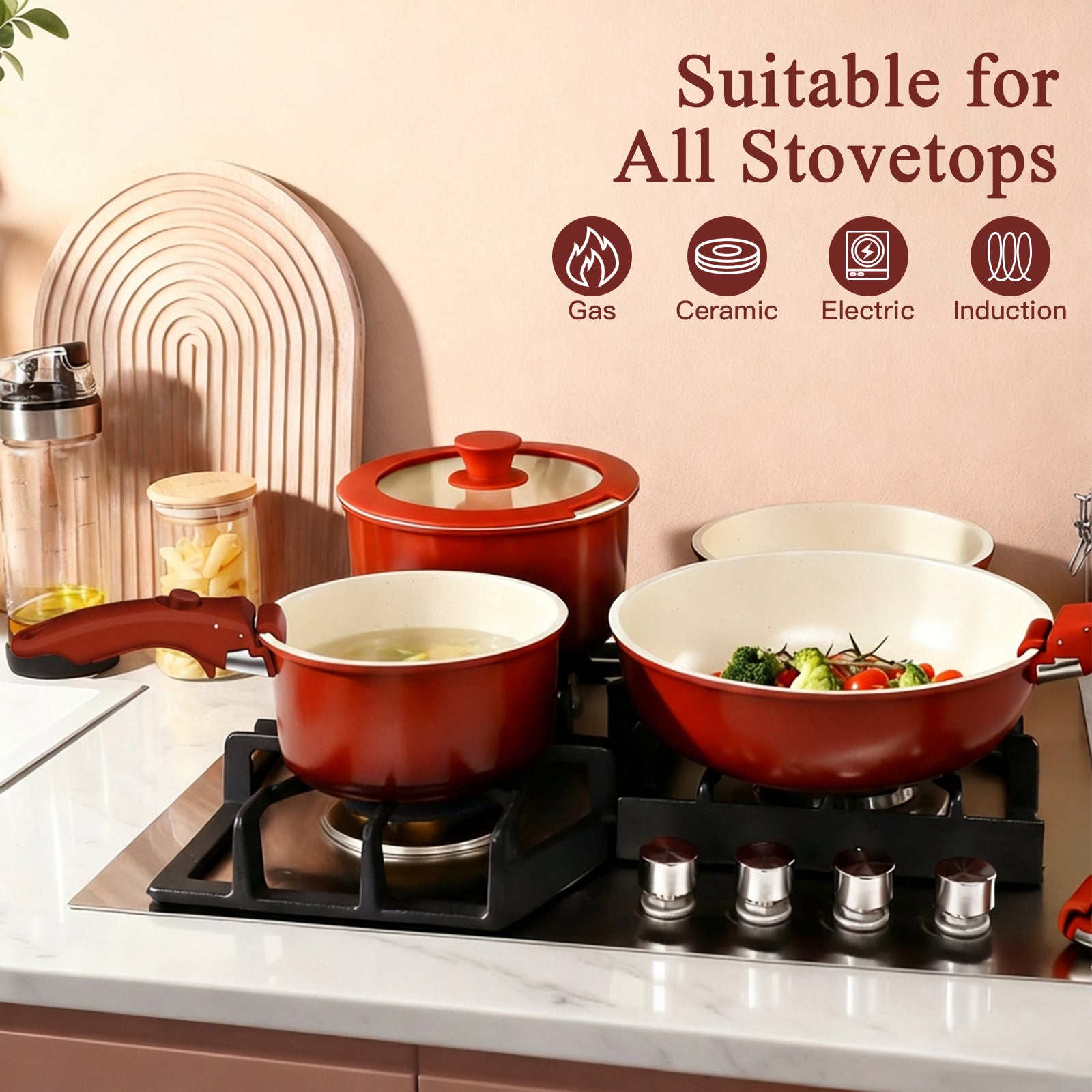 GIPP 11pcs Ceramic Cookware Sets, Pots and Pans Set Non Stick with Removable Handle, Oven & Dishwasher Safe,Induction Cookware, Kitchen Cooking Set for RV Trips and Camping