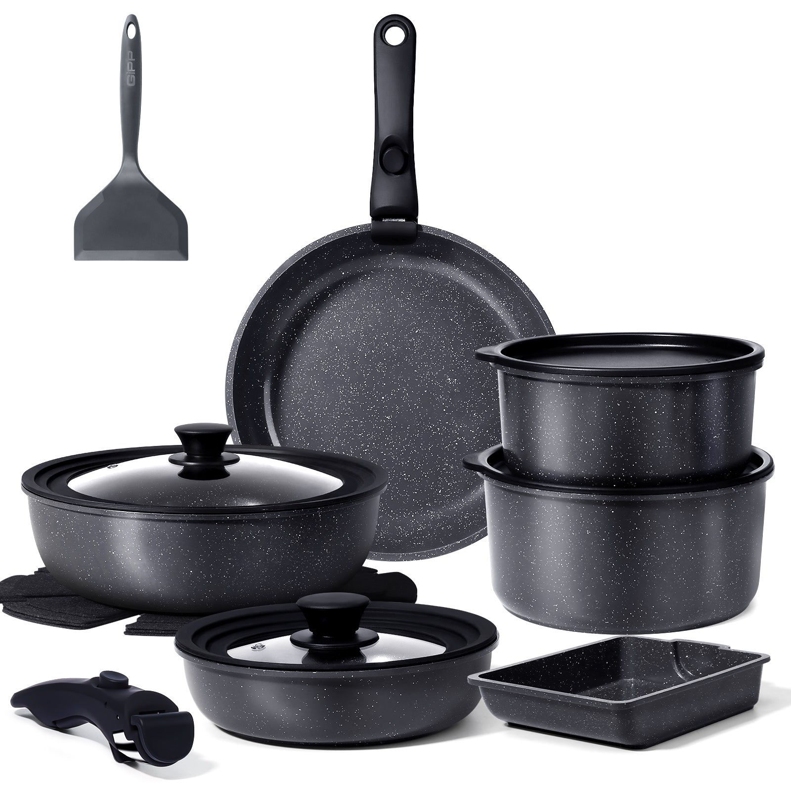 GIPP 17 Piece Large Size 11inch Ceramic Nonstick Pots and Pans Set,Cookware Set with Detachable Handles, Oven Dishwashers Safe,Induction Compatible,RV Kitchen Cooking Set