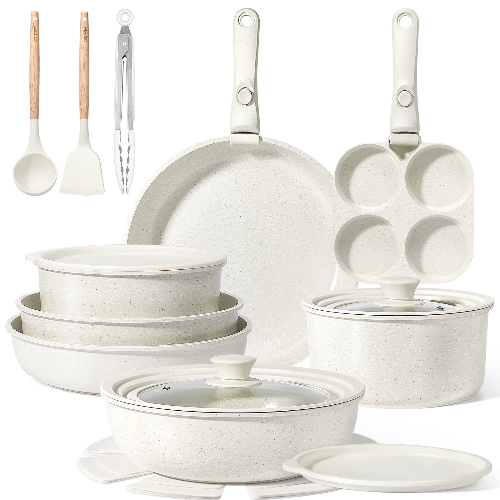 GIPP Large Size 21 Piece Pots and Pans Set Non Stick,with 12 inch Frying Pan,Cookware Set with Detachable Handles, Safe for Ovens and Dishwashers,Induction Cookers RV Kitchen