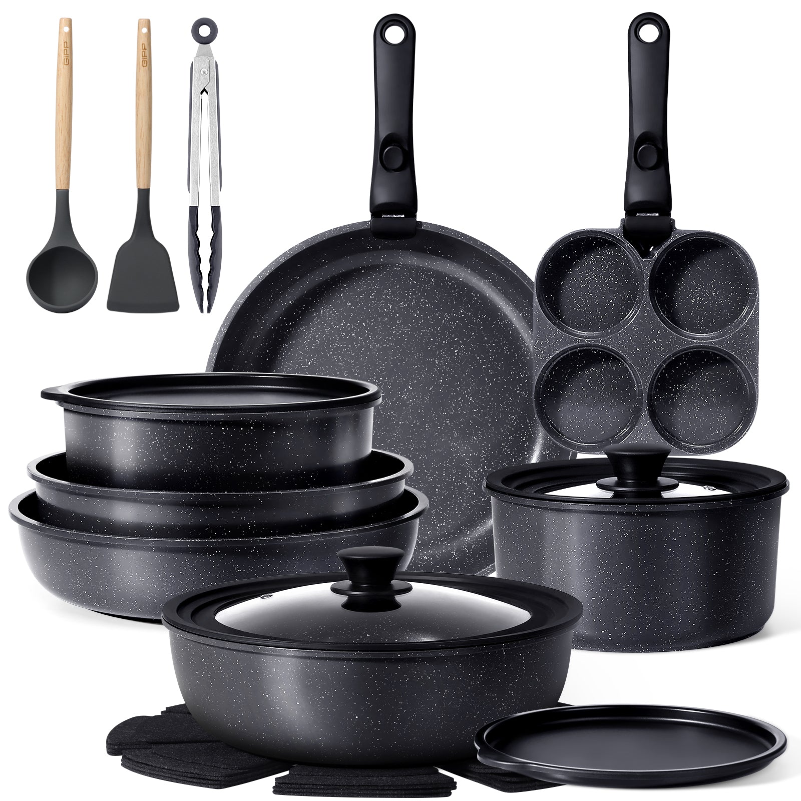 GIPP Large Size 21 Piece Pots and Pans Set Non Stick,with 12 inch Frying Pan,Cookware Set with Detachable Handles, Safe for Ovens and Dishwashers,Induction Cookers RV Kitchen