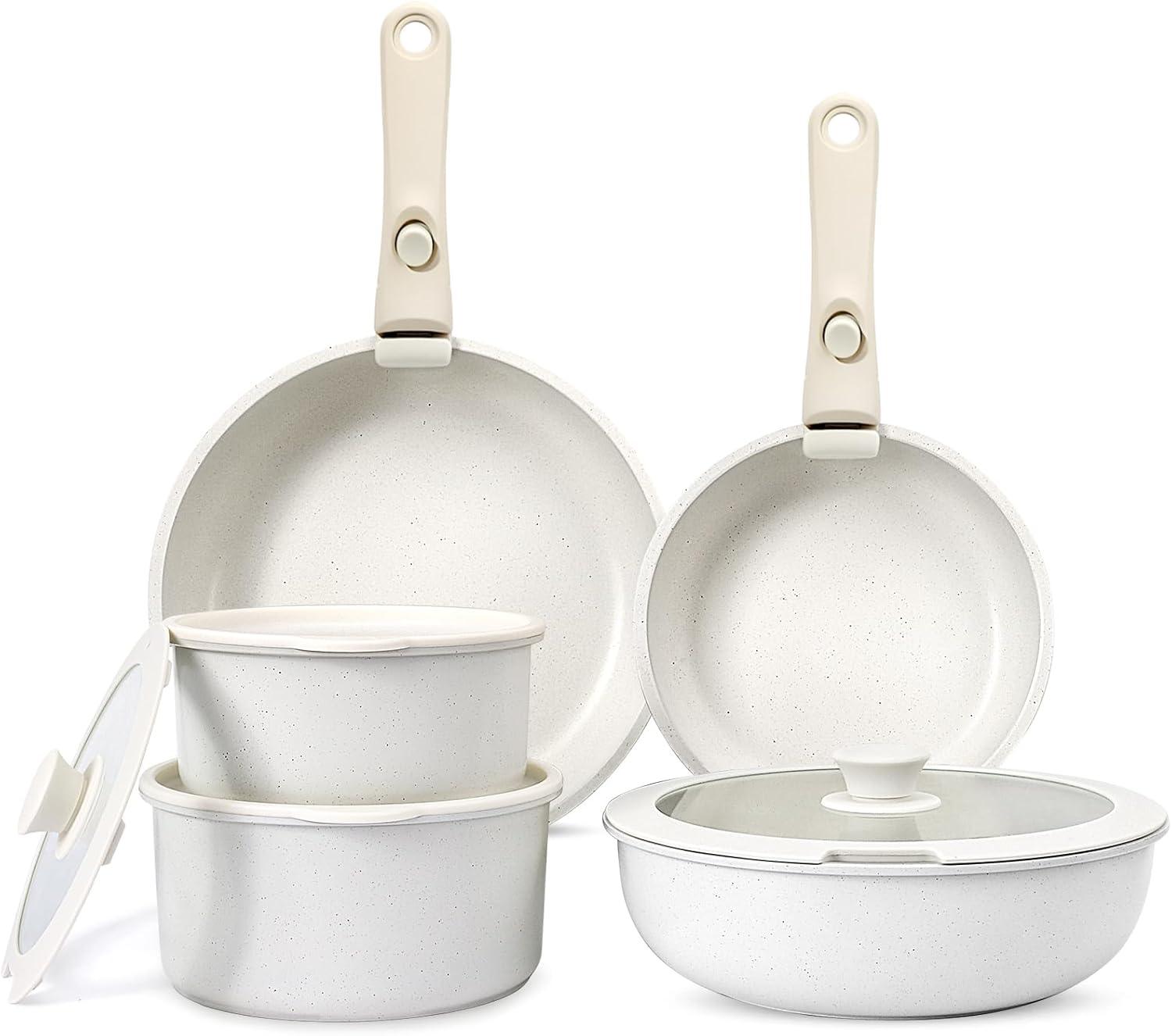 GiPP 5pcs Detachable Handle Pots and Pan Set, Nonstick Induction Cookware, Removable Handle, RV Oven Safe Cookware, Cream White - GiPP Kitchenware