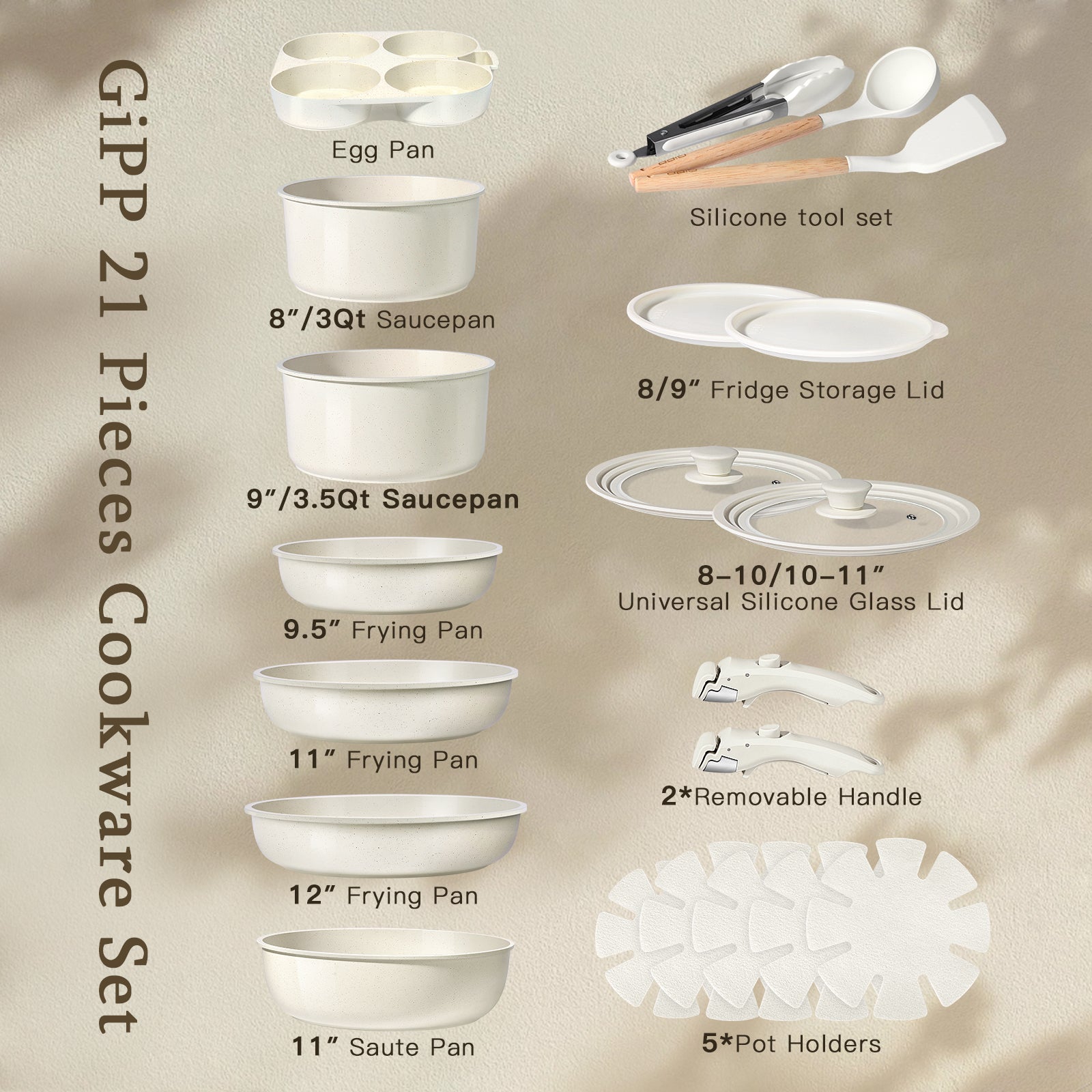 GIPP Large Size 21 Piece Pots and Pans Set Non Stick,with 12 inch Frying Pan,Cookware Set with Detachable Handles, Safe for Ovens and Dishwashers,Induction Cookers RV Kitchen