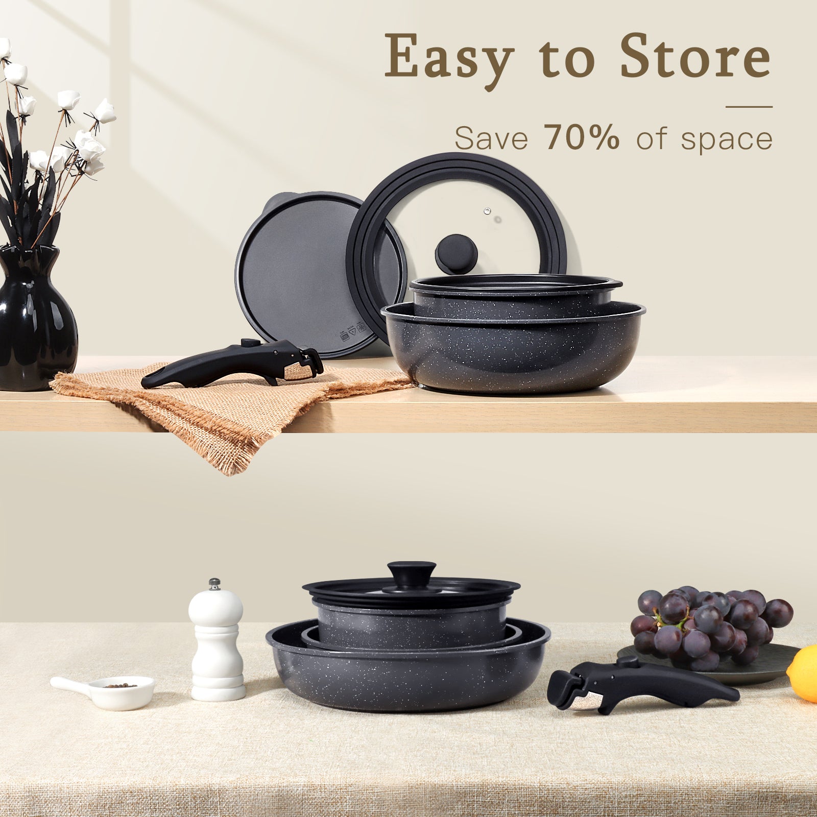 GIPP 21 Piece Ceramic Pots and Pans Set Non Stick, Cookware Set with Detachable Handles, Safe for Ovens and Dishwashers,Induction Cookers RV Kitchen