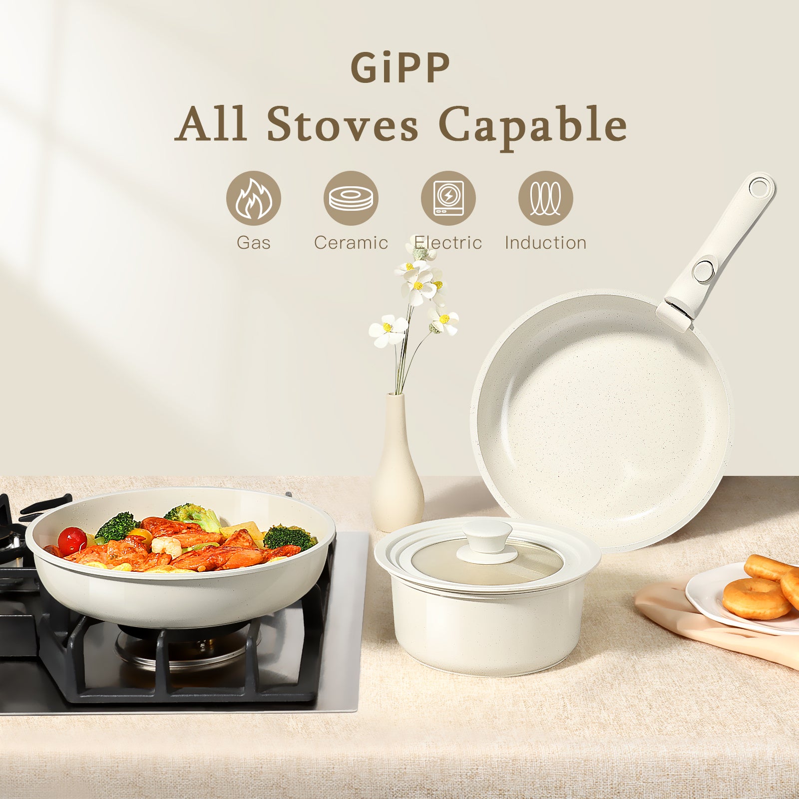 GIPP 8pcs Cookware Sets with Removable Handle, Ceramic Cookware Sets Oven & Dishwasher Safe,Pots and Pans Set Non Stick,Induction Cookware,Kitchen Cooking set