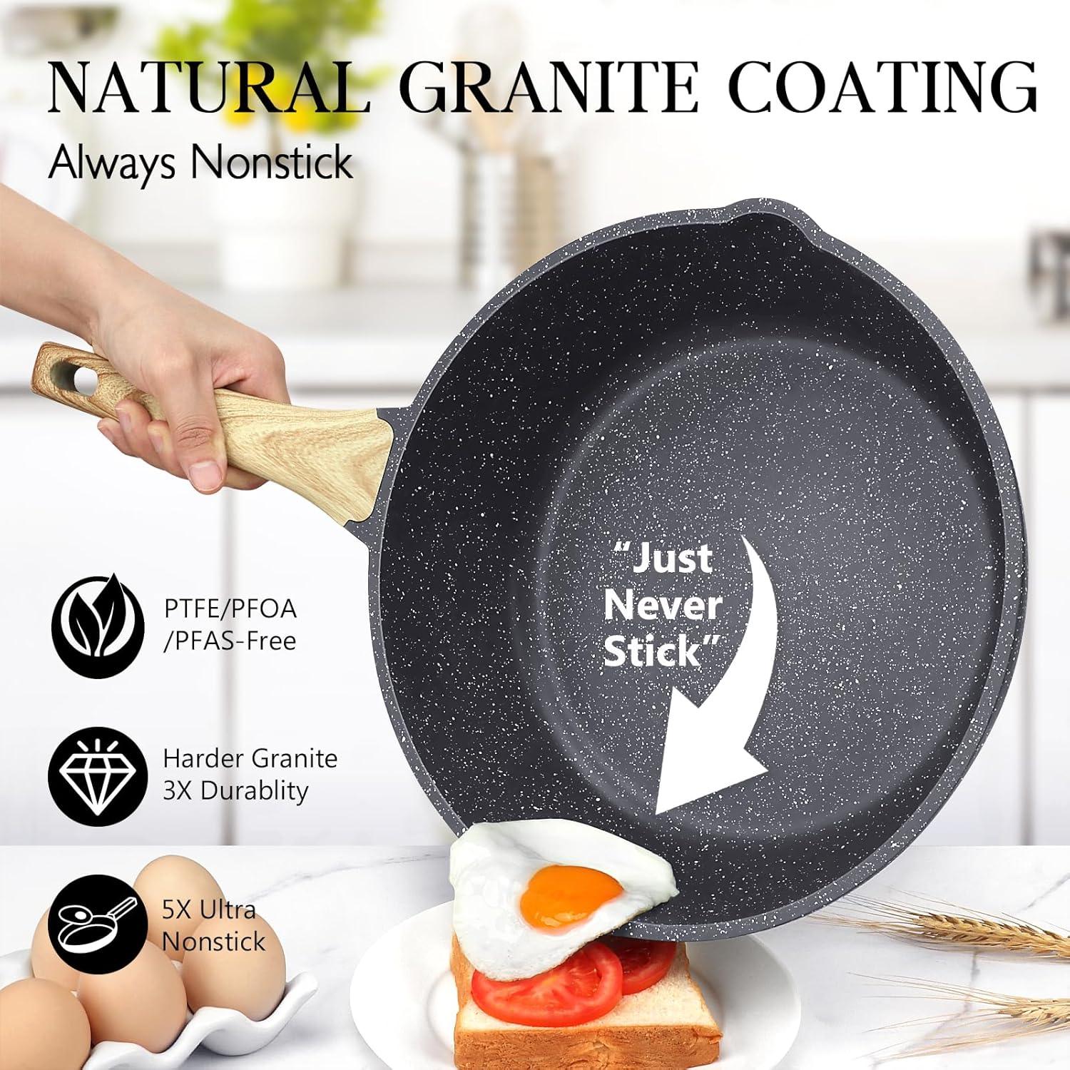 GiPP Nonstick Deep Frying Pan Skillet, 9.5" Saute Pan with Lid, Granite Induction Cookware Non Stick Cooking Pan, PFOA PFOS APEO Free, White - GiPP Kitchenware