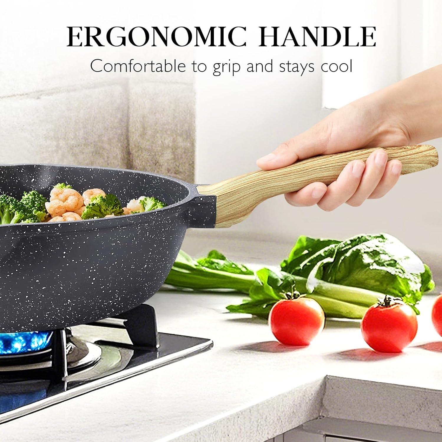 GiPP Nonstick Deep Frying Pan Skillet, 9.5" Saute Pan with Lid, Granite Induction Cookware Non Stick Cooking Pan, PFOA PFOS APEO Free, White - GiPP Kitchenware