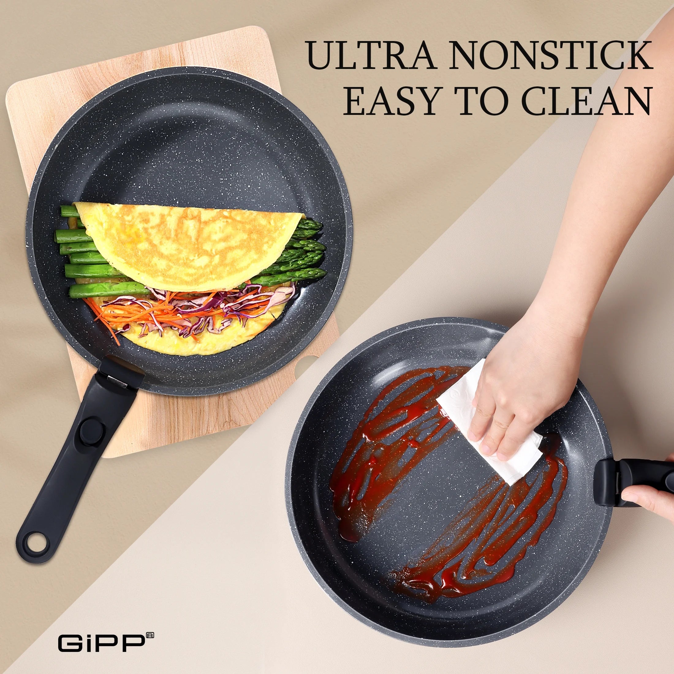 GiPP Juego de 3 ollas y sartenes con mango desmontable, utensilios de cocina de inducción antiadherentes, mango extraíble, utensilios de cocina aptos para horno RV, color blanco crema...