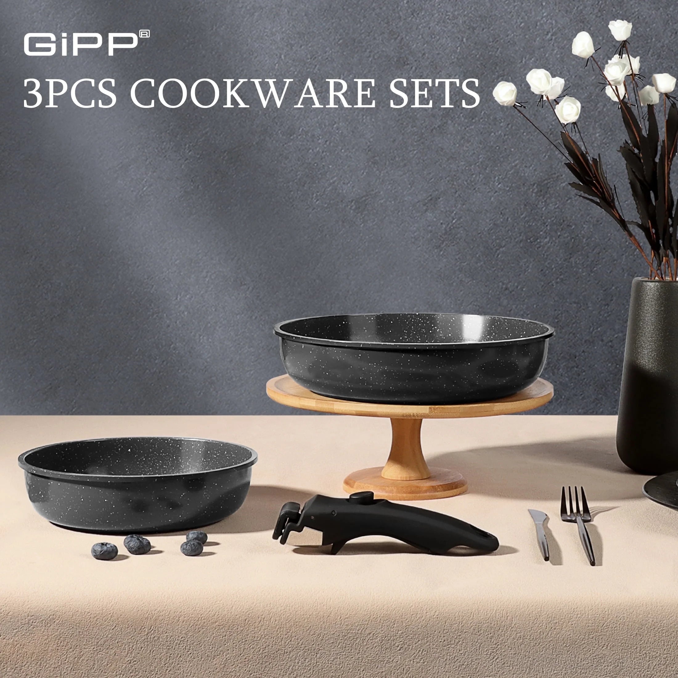 GiPP Juego de 3 ollas y sartenes con mango desmontable, utensilios de cocina de inducción antiadherentes, mango extraíble, utensilios de cocina aptos para horno RV, color blanco crema...