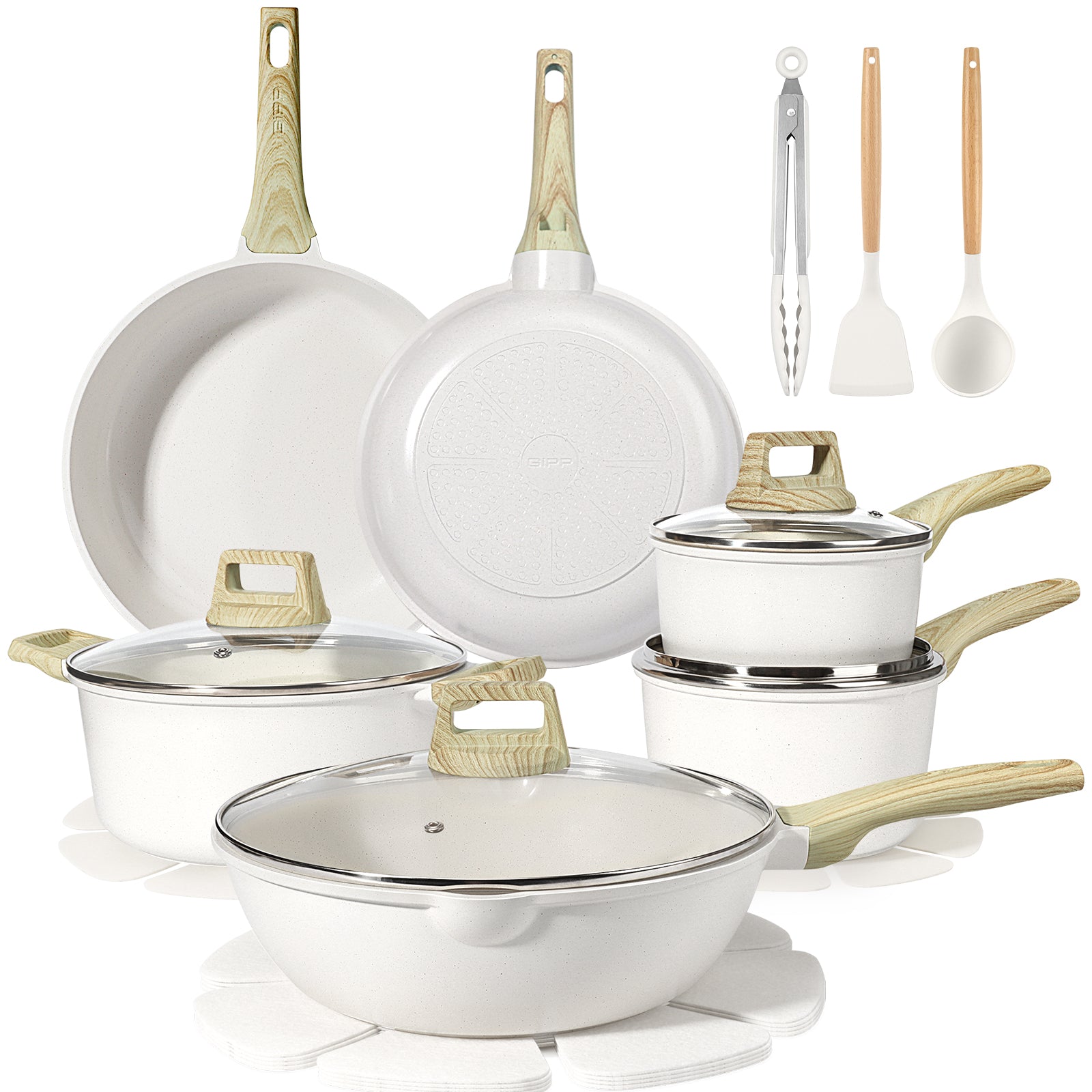 GIPP 18 Piece Kitchen Ceramic Cookware Sets with 11inch Frying Pan,Pots and Pans Set Non stick ,Dishwasher Safe Induction Compatible, Kitchen Cooking Set