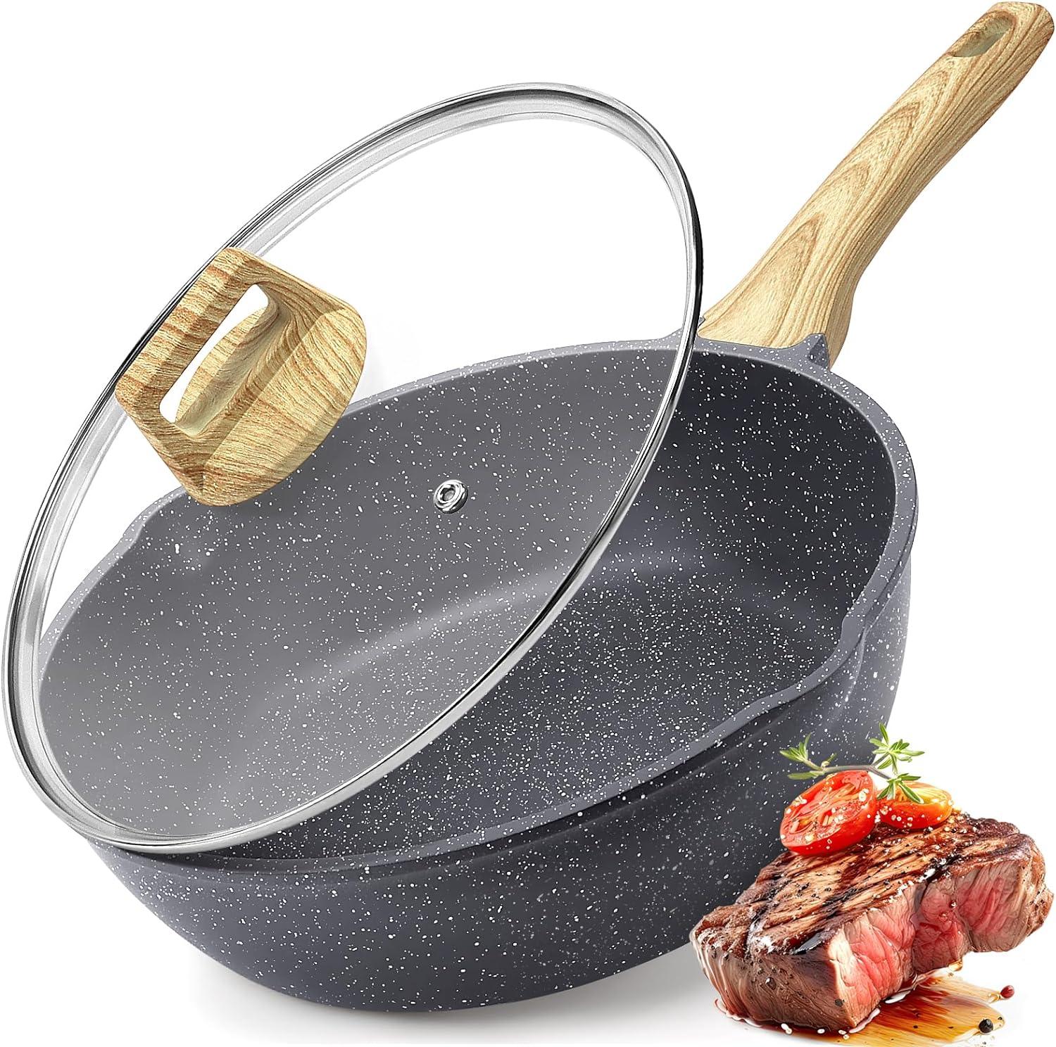 GiPP Nonstick Deep Frying Pan - 11 Inch Saute Pan with Lid Granite Induction Cookware, 4.5Qt Non Stick Woking Pan Skillet, PFOA PFOS APEO Free, Grey - GiPP Kitchenware