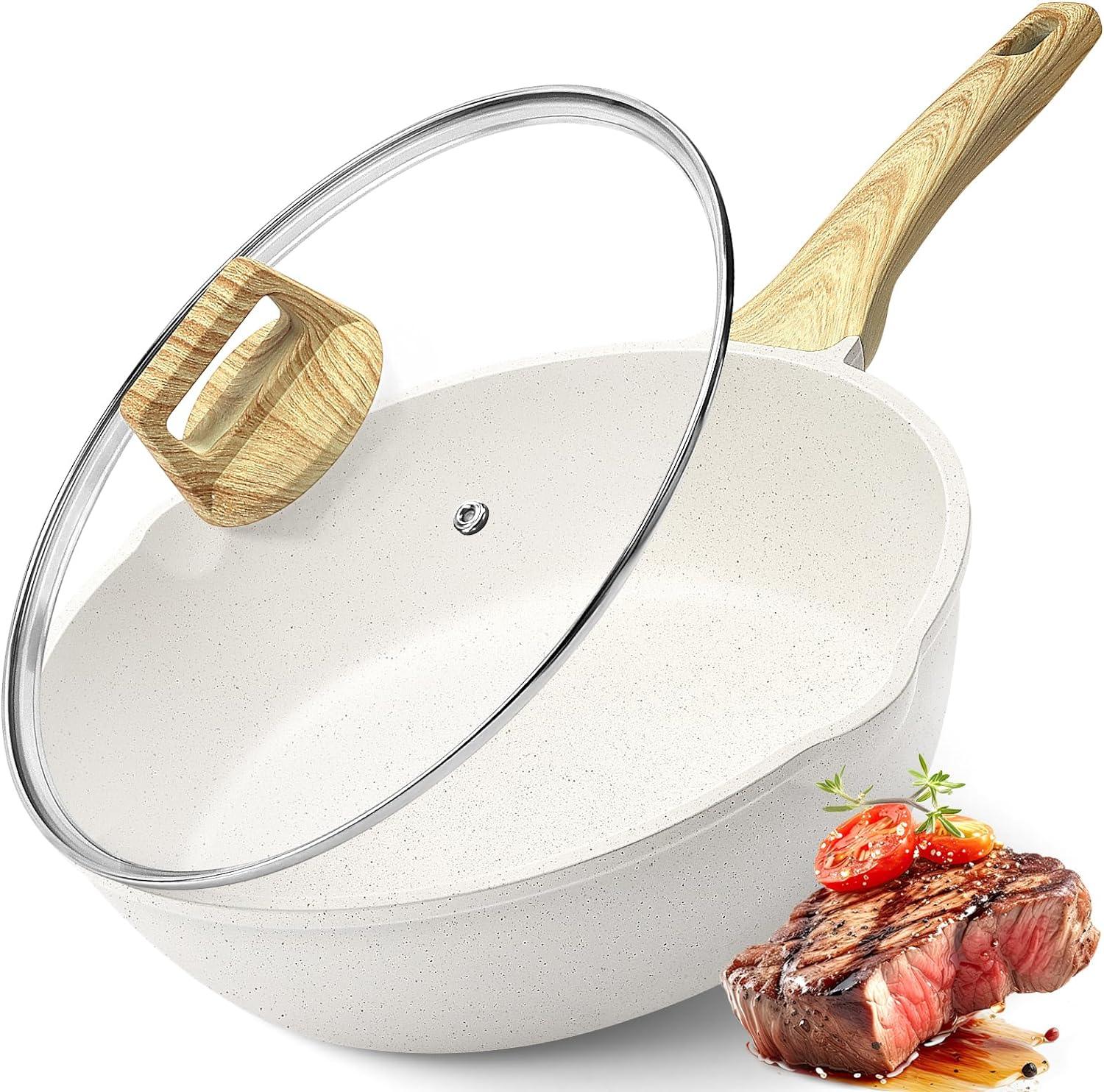 GiPP Nonstick Deep Frying Pan - 11 Inch Saute Pan with Lid Granite Induction Cookware, 4.5Qt Non Stick Woking Pan Skillet, PFOA PFOS APEO Free, Grey - GiPP Kitchenware