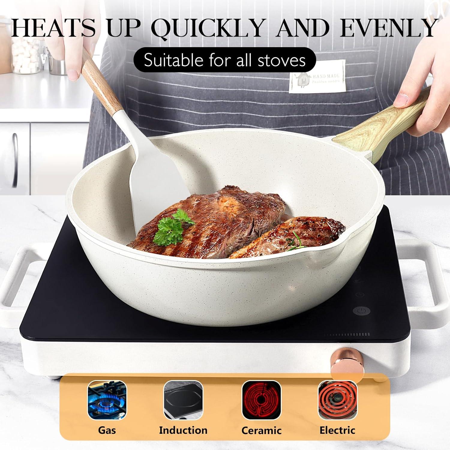 GiPP Nonstick Deep Frying Pan Skillet, 9.5" Saute Pan with Lid, Granite Induction Cookware Non Stick Cooking Pan, PFOA PFOS APEO Free, White - GiPP Kitchenware