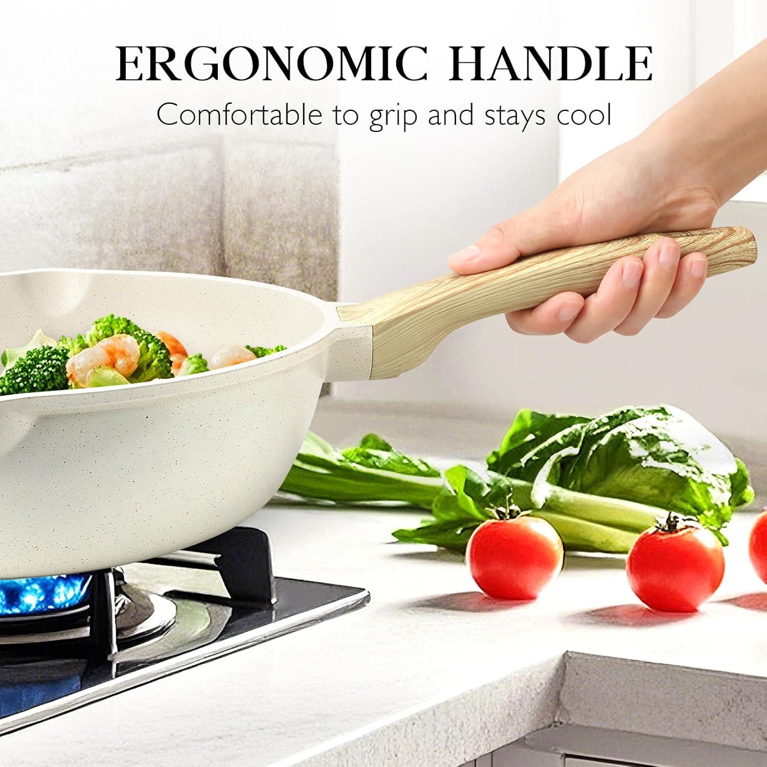 GiPP Nonstick Deep Frying Pan Skillet, 9.5" Saute Pan with Lid, Granite Induction Cookware Non Stick Cooking Pan, PFOA PFOS APEO Free, White - GiPP Kitchenware
