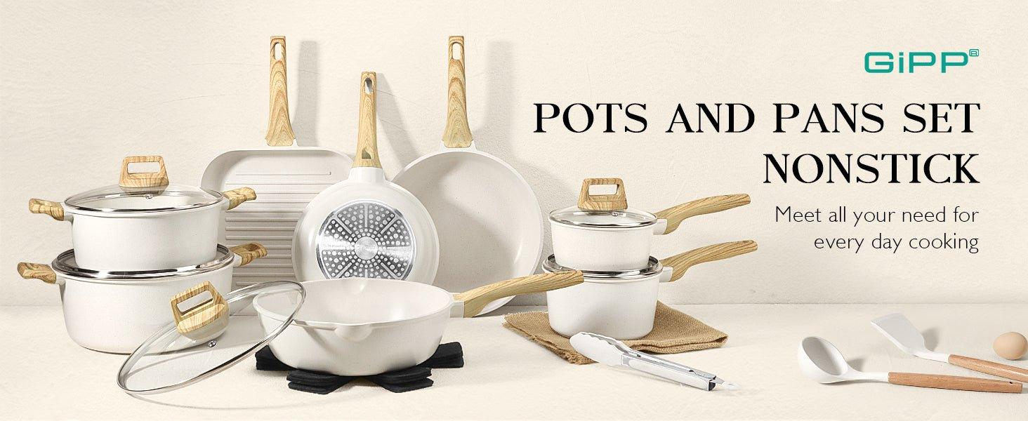 GiPP 21Psc Pots and Pans Set Non Stick - Grey Granite Kitchen Cookware Sets Nonstick Induction Cookware Non-toxic Cooking Pan Set with Silicone Utensils, PFOS and PFOA Free - GiPP Kitchenware