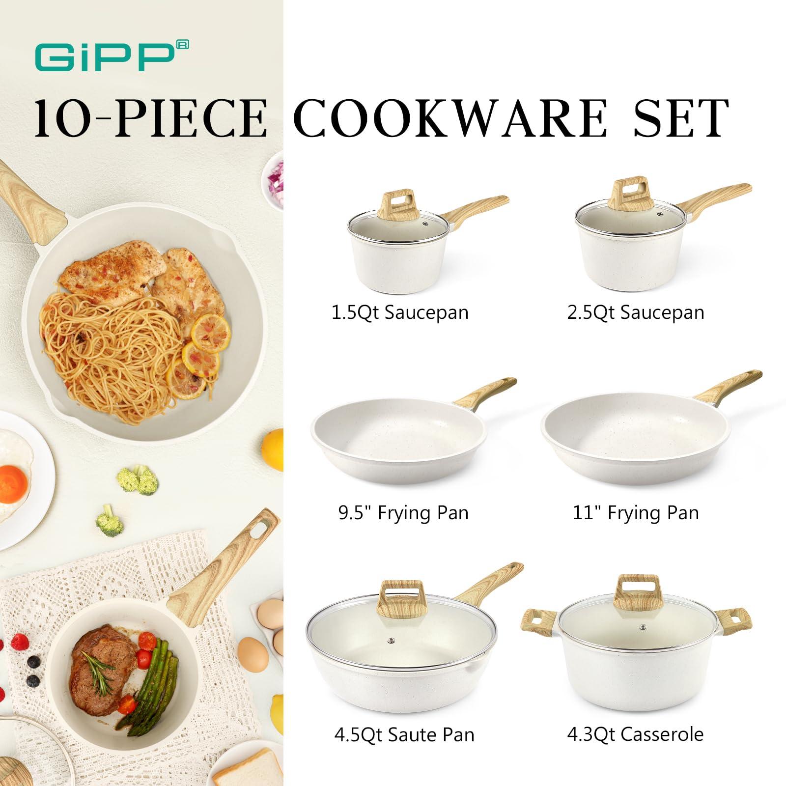 GiPP Pots and Pans Set Non Stick - 10 Pcs White Granite Kitchen Cookware Sets Nonstick Induction Cookware Non-toxic Cooking Pan Set with Lids, PFOS and PFOA Free - GiPP Kitchenware