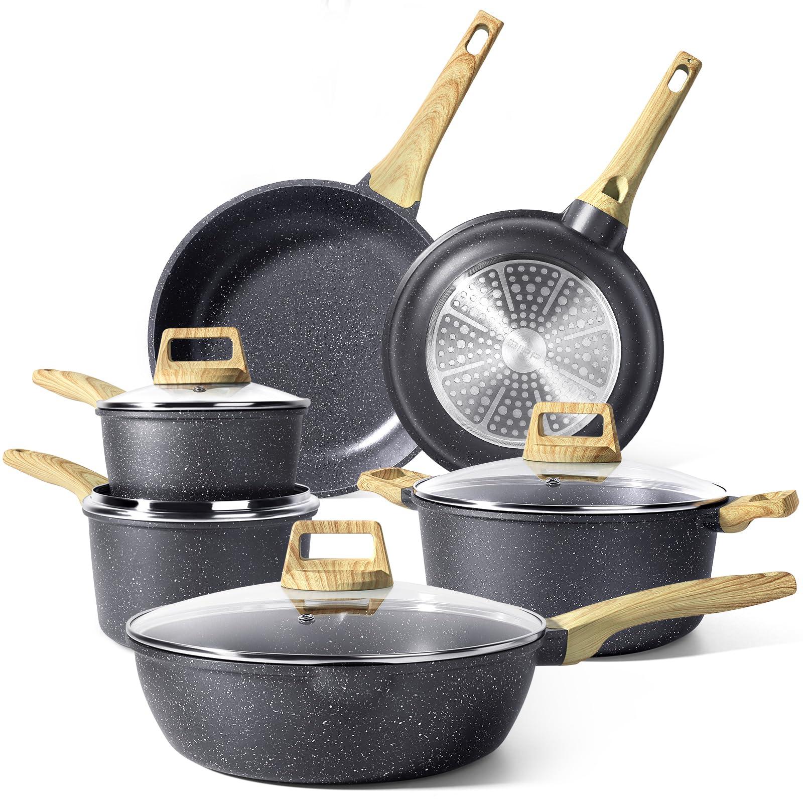 GiPP Pots and Pans Set Non Stick - 10 Pcs White Granite Kitchen Cookware Sets Nonstick Induction Cookware Non-toxic Cooking Pan Set with Lids, PFOS and PFOA Free - GiPP Kitchenware
