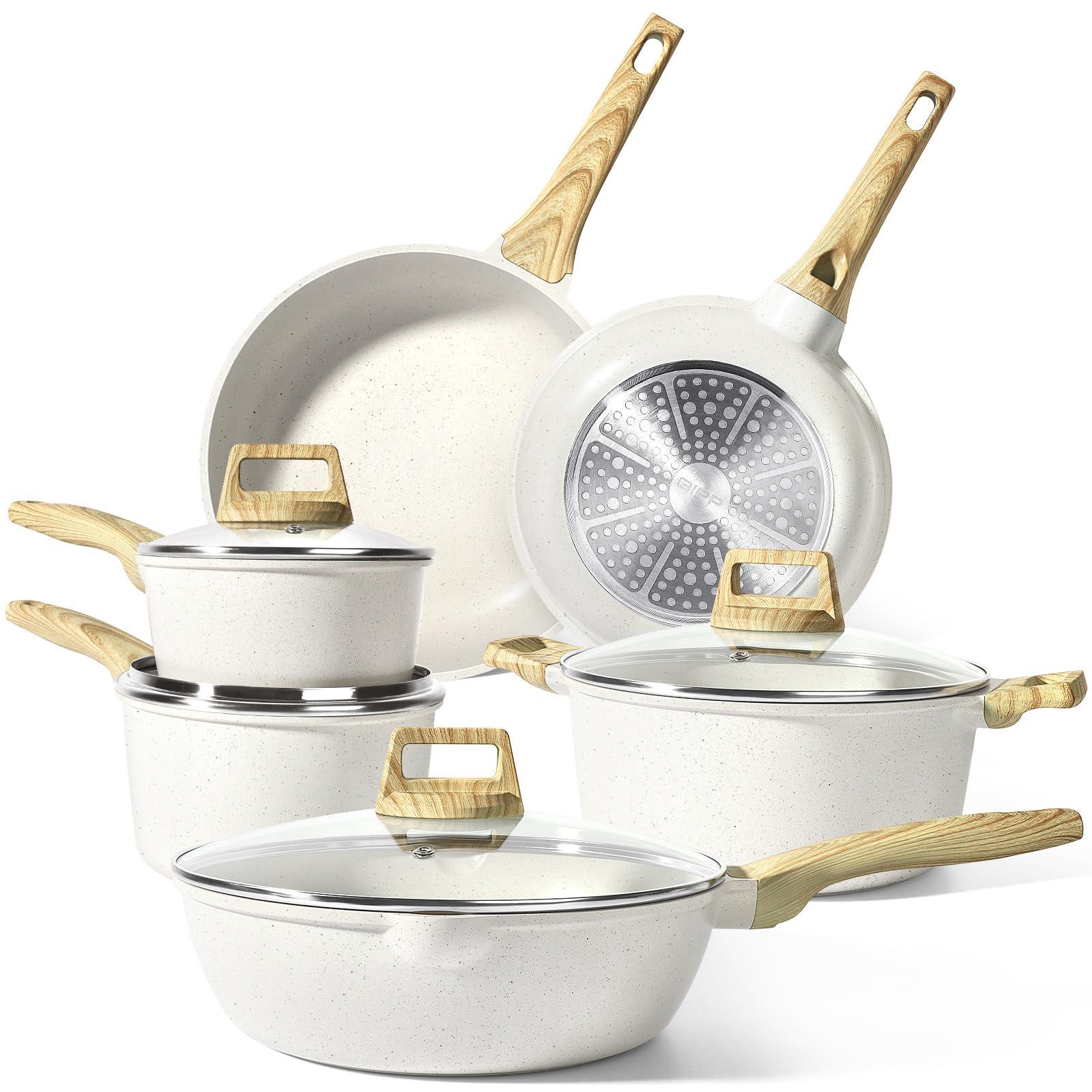 GiPP Pots and Pans Set Non Stick - 10 Pcs White Granite Kitchen Cookware Sets Nonstick Induction Cookware Non-toxic Cooking Pan Set with Lids, PFOS and PFOA Free - GiPP Kitchenware