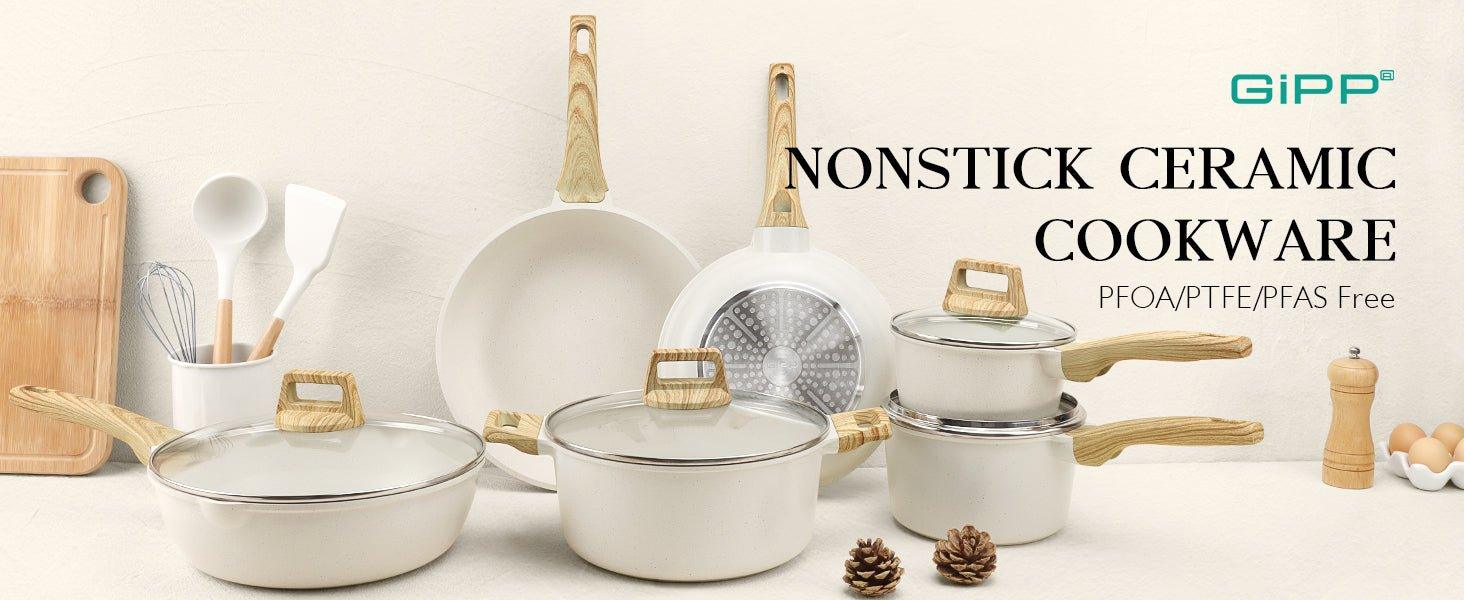 GiPP Pots and Pans Set Non Stick - 10 Pcs White Granite Kitchen Cookware Sets Nonstick Induction Cookware Non-toxic Cooking Pan Set with Lids, PFOS and PFOA Free - GiPP Kitchenware